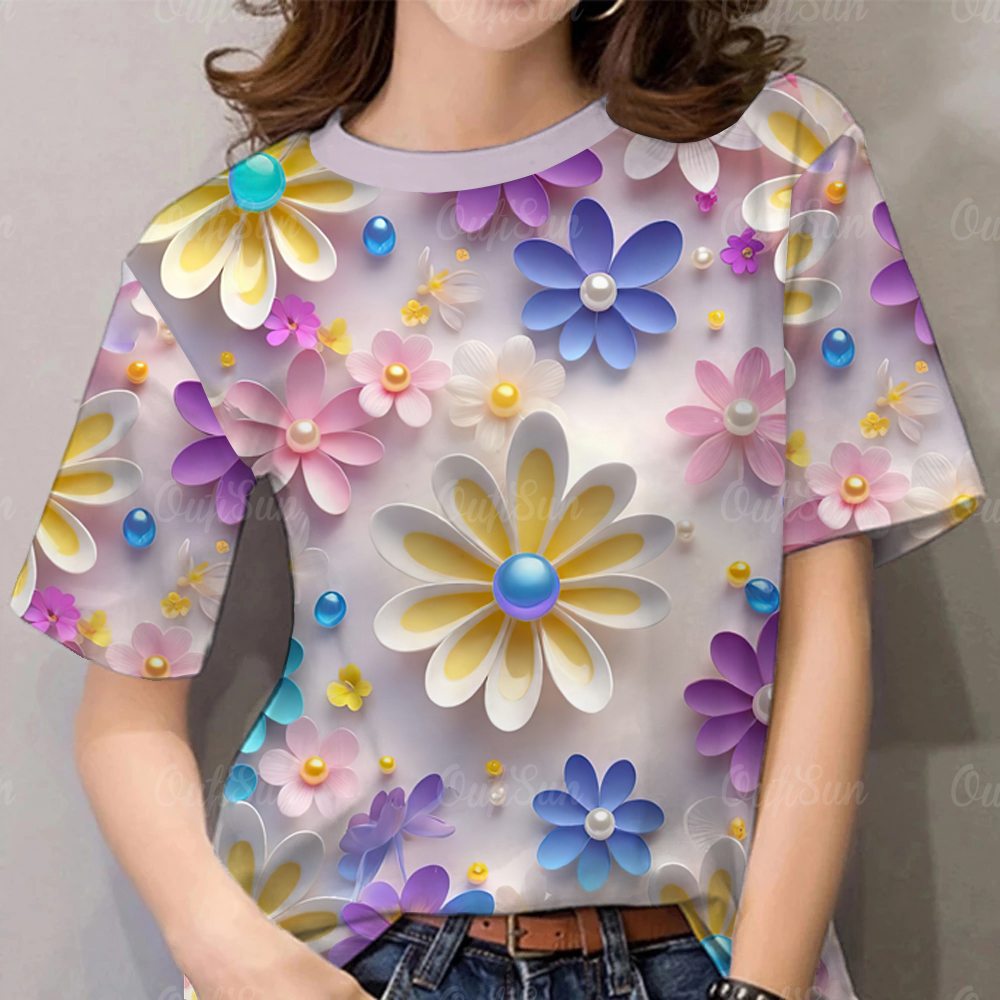 3D flower print T-shirt women's casual top 2568 dry fit T-shirt Songkran 2025 round neck fashion short sleeve T-shirts ราคา 96 บาท*ส่งฟรี