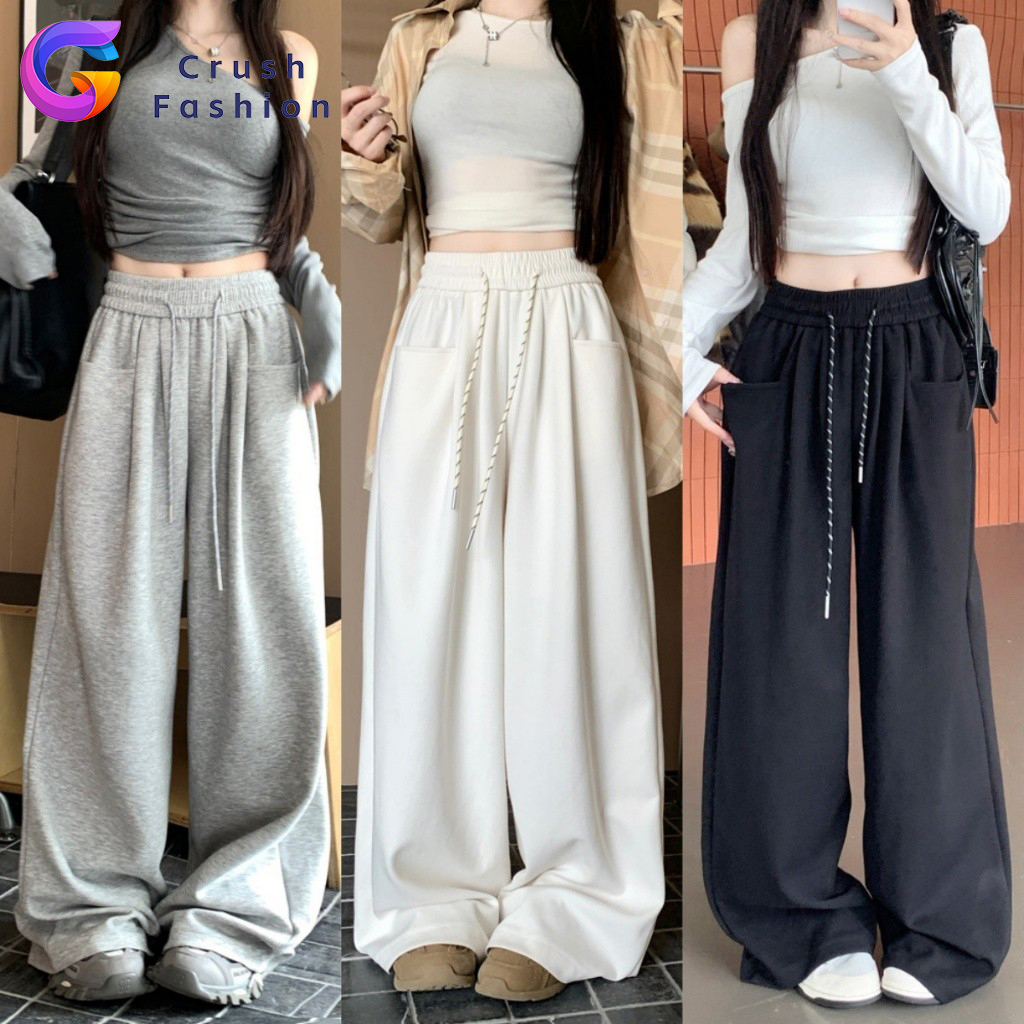 Crush กางเกงลำลองสตรี กางเกงสเวตขากว้าง กางเกงเอวสูง เอวยางยืดมีเชือกผูก ผ้าใส่สบาย ราคา 117 บาท*ส่งฟรี