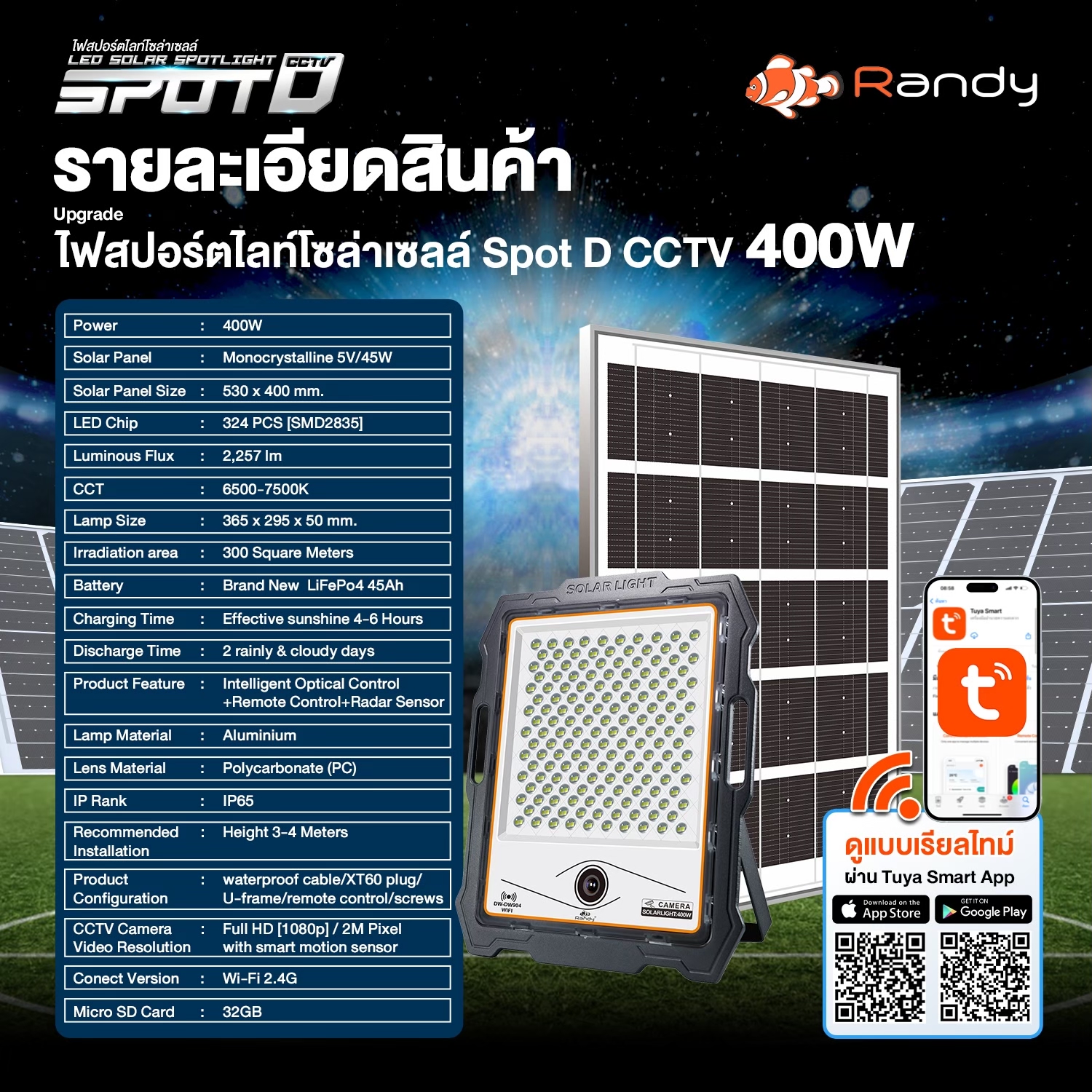 Randy ไฟLED ไฟถนนโซล่าเซลล์ SolarLight ไฟโซล่าเซลล์ โคมไฟถนน แอลอีดี สปอร์ตไลท์ โซล่าเซลล์ กันน้ำ สปอตไลท์ พลังงานแสงอาทิตย์ Solarcell 100W 200W 300W 400W 600W