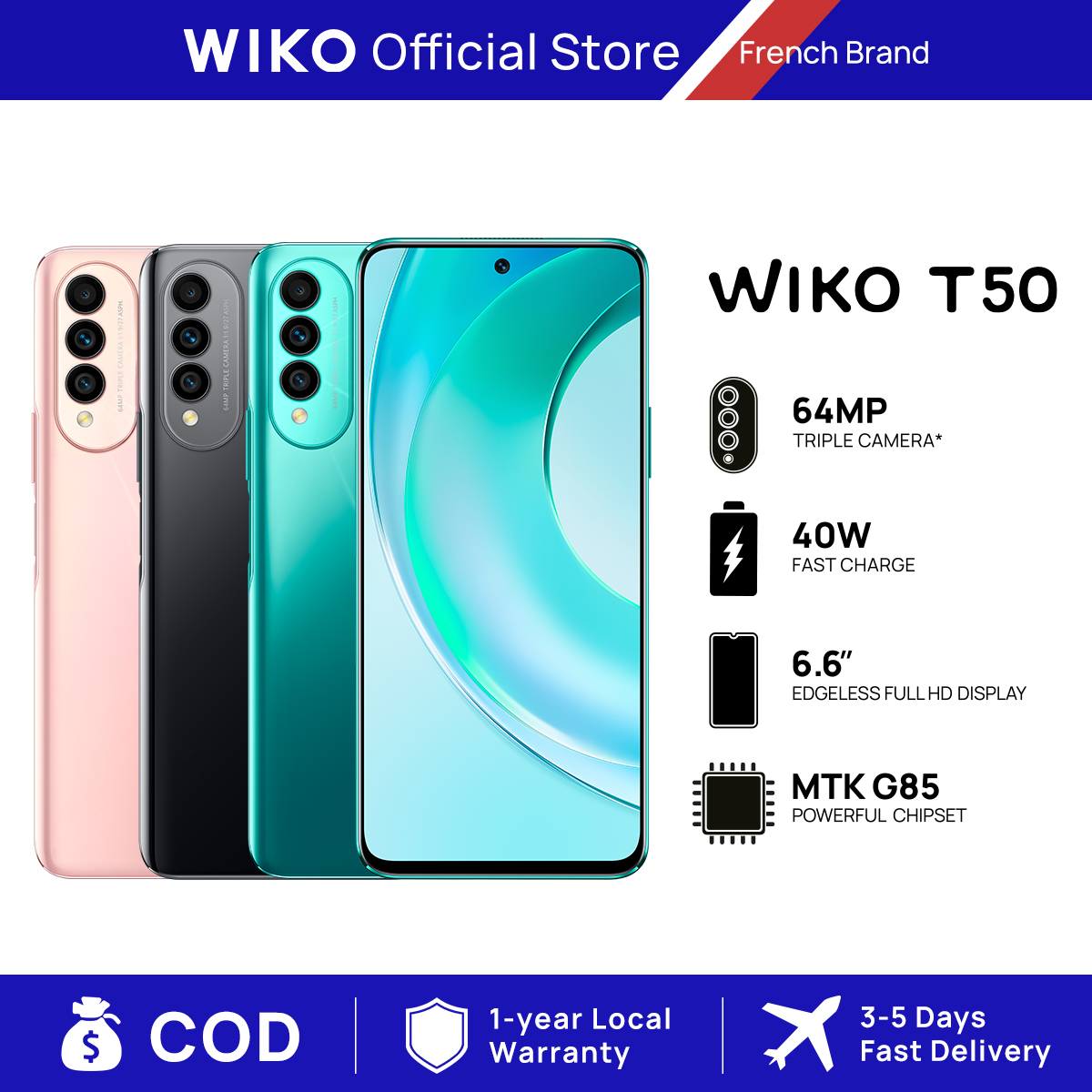 โปรโมชั่น Flash Sale : WIKO T50 สมาร์ทโฟน（6GB+128GB）| หน้าจอ FHD+6.6"| กล้อง 64MP + 8MP + 2MP | ซีพียู Helio G85 |แบต 4000mAh