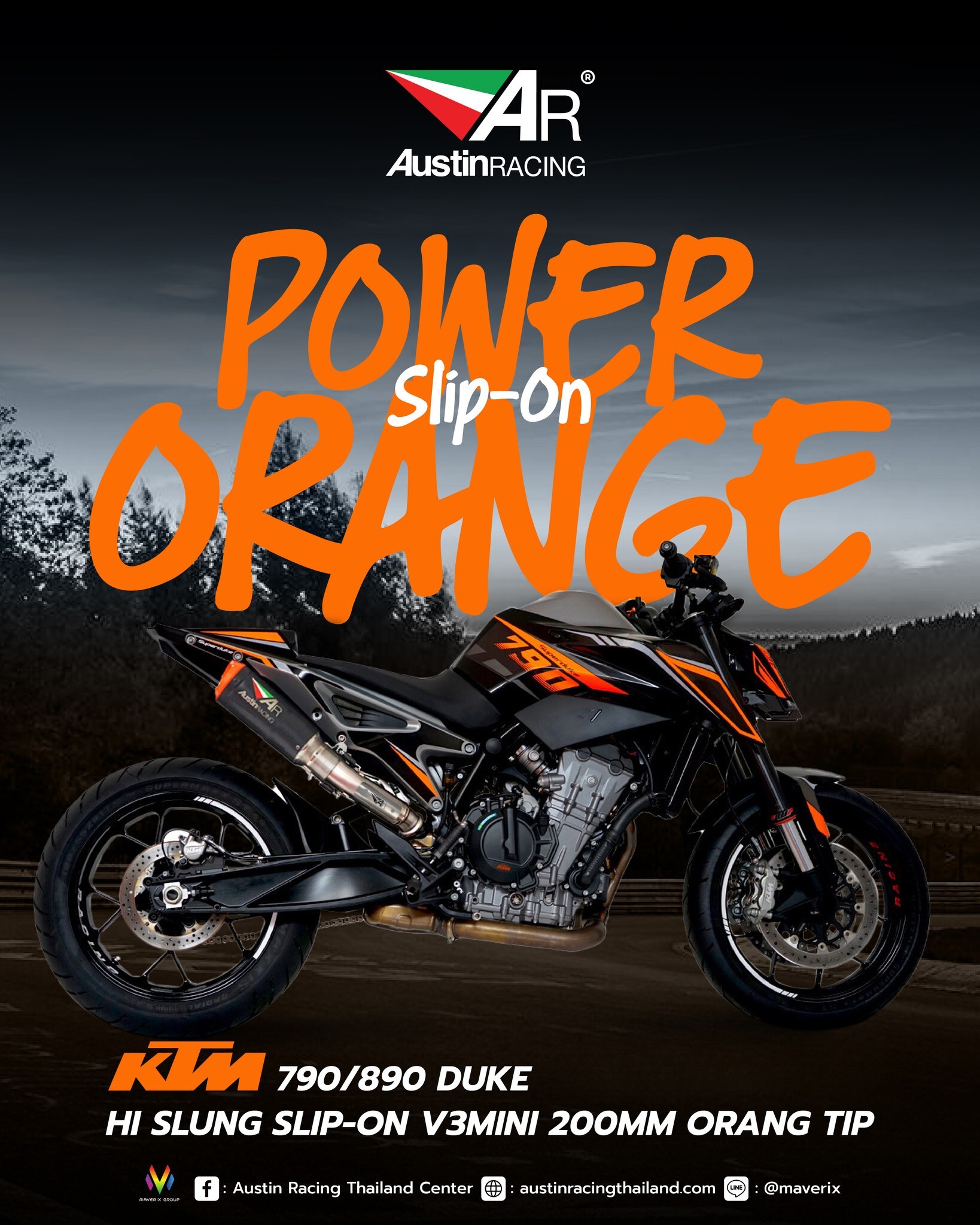 ท่อไอเสีย DUKE 790 2018 - 2021 | HI SLUNG SLIP-ON V3MINI 200MM ORANGE TIP WITH BLACK CERAMIC CAN แบรนด์ AR Austin Racing ราคา 48,990 บาท*ส่งฟรี