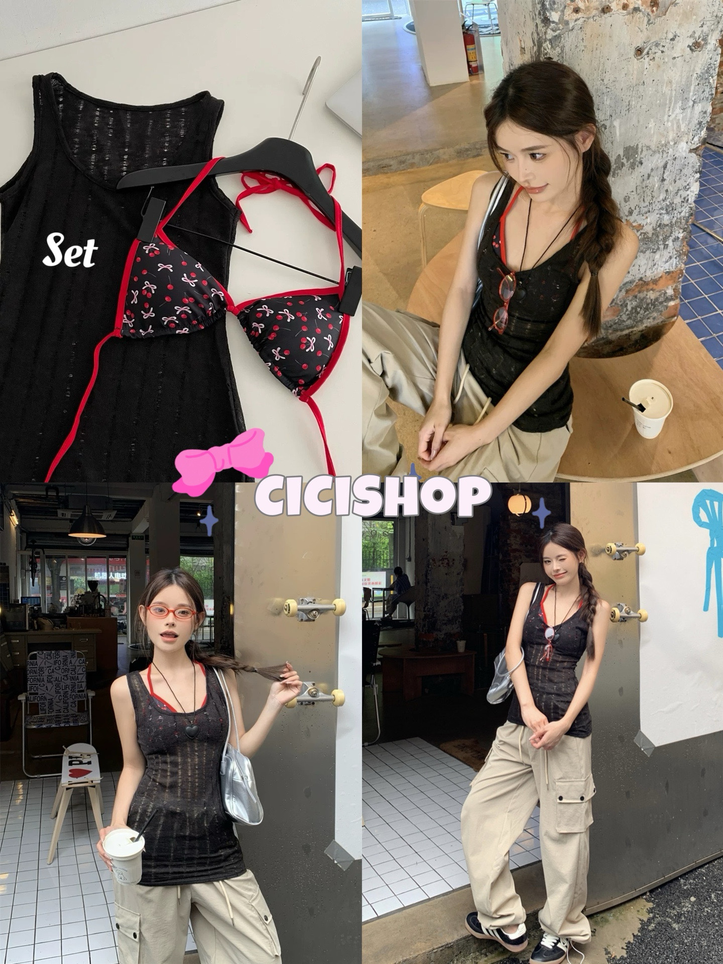 เสื้อครอป เสื้อสายเดี่ยว เสื้อกล้ามแฟชั่นฤดูร้อน CiCi (H3196)Set 2 ชิ้น บราคล้องคอมีฟองน้ำในตัวพร้อมเสื้อกล้ามถักแซ่บๆจึ้งๆเหมาะสำหรับวันสงกรานต์