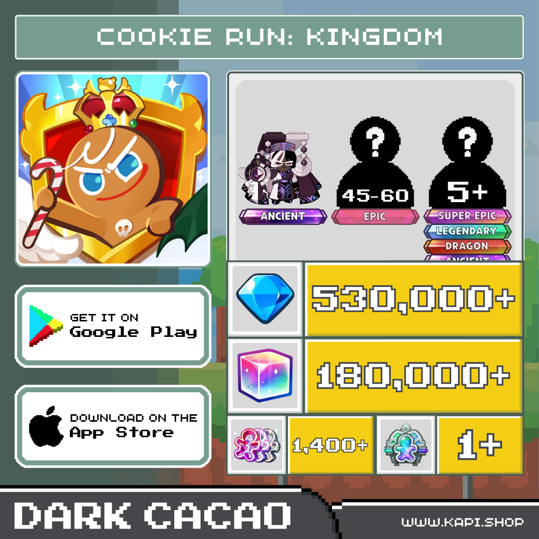Cookie Run: Kingdom (Dark Cacao) - 530,000+ Crystals + Dark Cacao Cookie (Dragon Lord) + Random Cookies of Various Types ราคา 830 บาท*ส่งฟรี