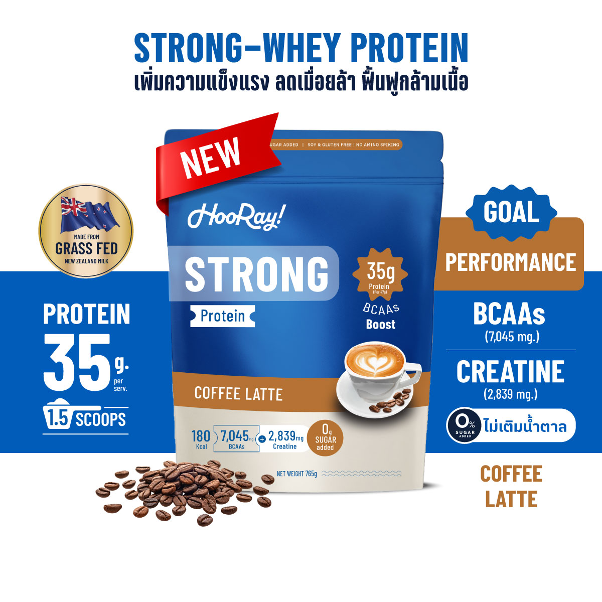 Hooray! Strong Whey Protein 765 g. – Coffee Latte เวย์โปรตีน รสคอฟฟี่ลาเต้ ราคา 1,549 บาท*ส่งฟรี