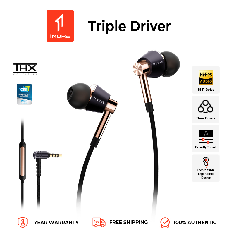 1MORE Triple Driver E1010 In-Ear Earphones Hi-Res Headphones with High Resolution, Bass Driven Sound, MEMS Mic, In-Line Remote, High Fidelity for Smartphones/PC/Tablet - Silver/Gold ราคา 2,390 บาท*ส่งฟรี