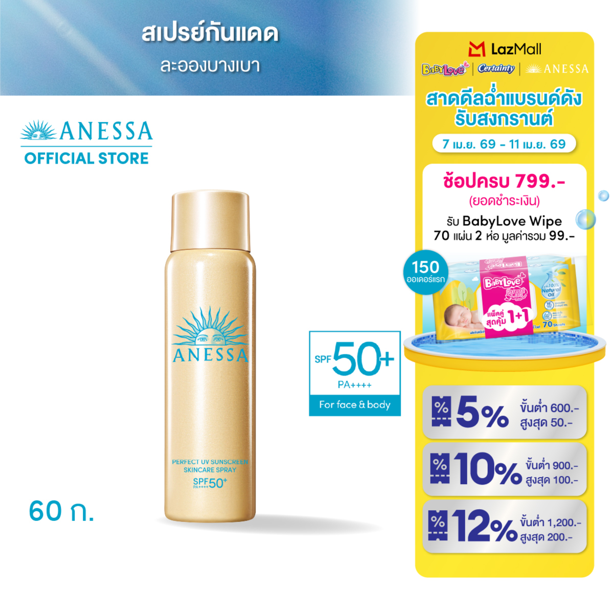 ANESSA Perfect UV Sunscreen Skincare Spray NA SPF50+ PA++++ 60 g (Sunscreen Spray for Face, Body, and Hair)