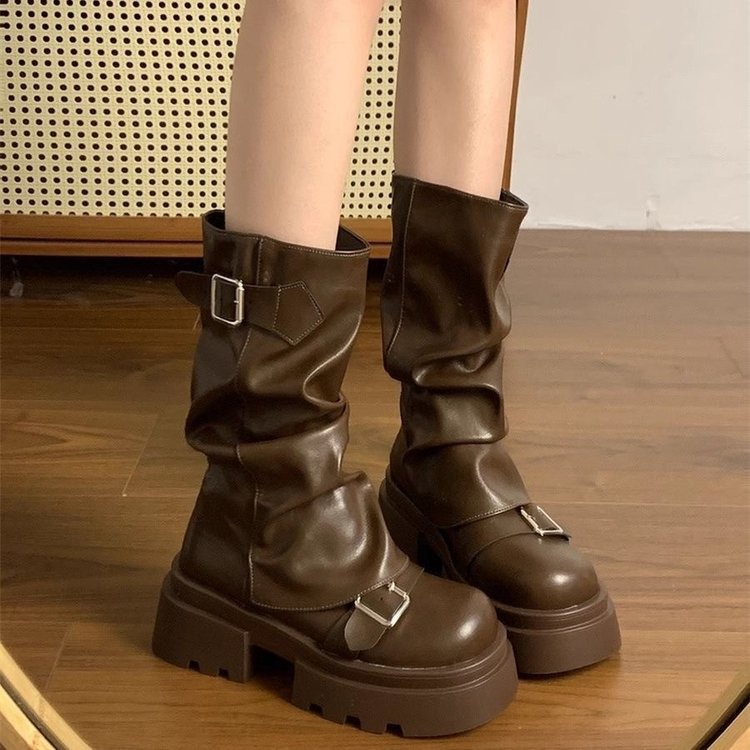 Falimottype Size 35-40 Solid Color Fashion Thick Sole Heel Women's Shoes New Vintage Mid Cylinder Shoes ราคา 69 บาท*ส่งฟรี