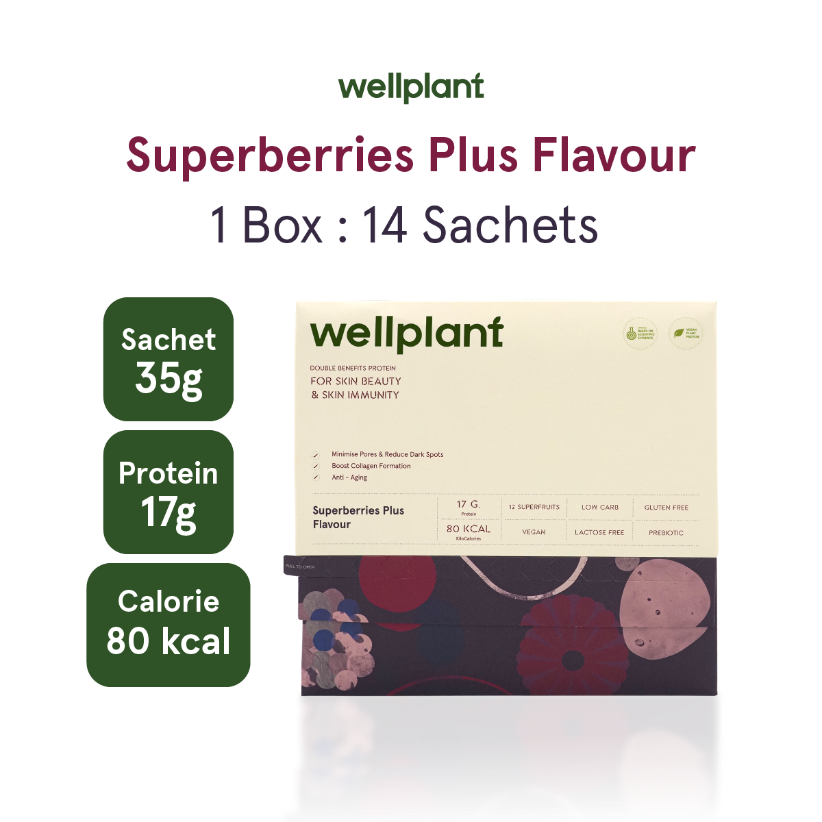 Wellplant Plant Protein รส Superberries Plus 1 กล่องน้ำหนัก 490 กรัม (โปรตีนพืช รสซุปเปอร์เบอร์รี่) ราคา 989 บาท*ส่งฟรี