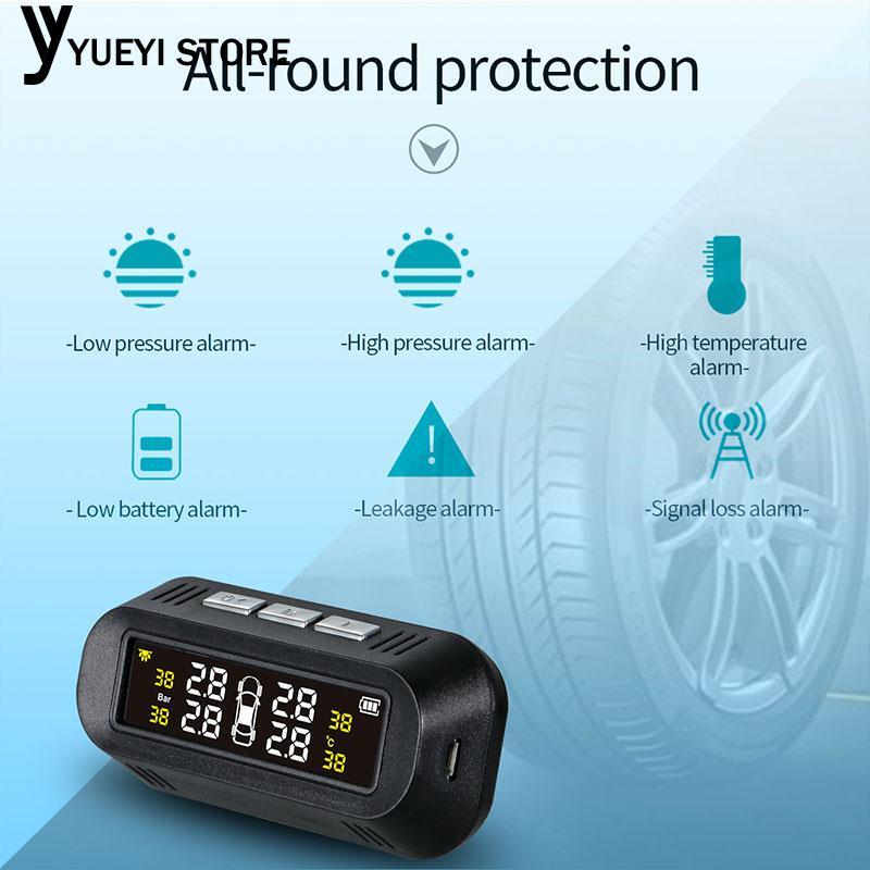 Language Alert Durable High Performance Car Tire Monitoring Tire Pressure Monitoring System TPMS Black LCD Tire Pressure Alarm Anti-Explosion Solar Wireless