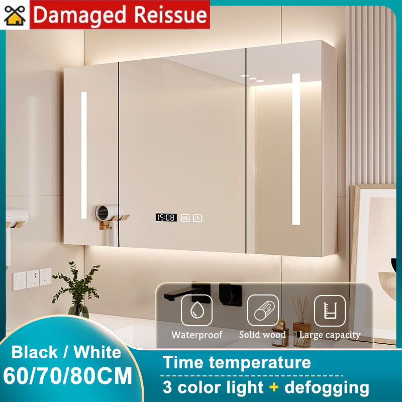 Solid Wood LED Smart Bedroom Mirror Cabinet for Lavatory Toilet Bathroom Storage Mirror Cabinet 3-color LED Backlight + Mirror Light Beauty Cabinet Wall-mounted Storage Beauty Two-in-one Counter Smart Defogging Mirror Smart Cabinet with Time Temperature ราคา 7,000 บาท*ส่งฟรี