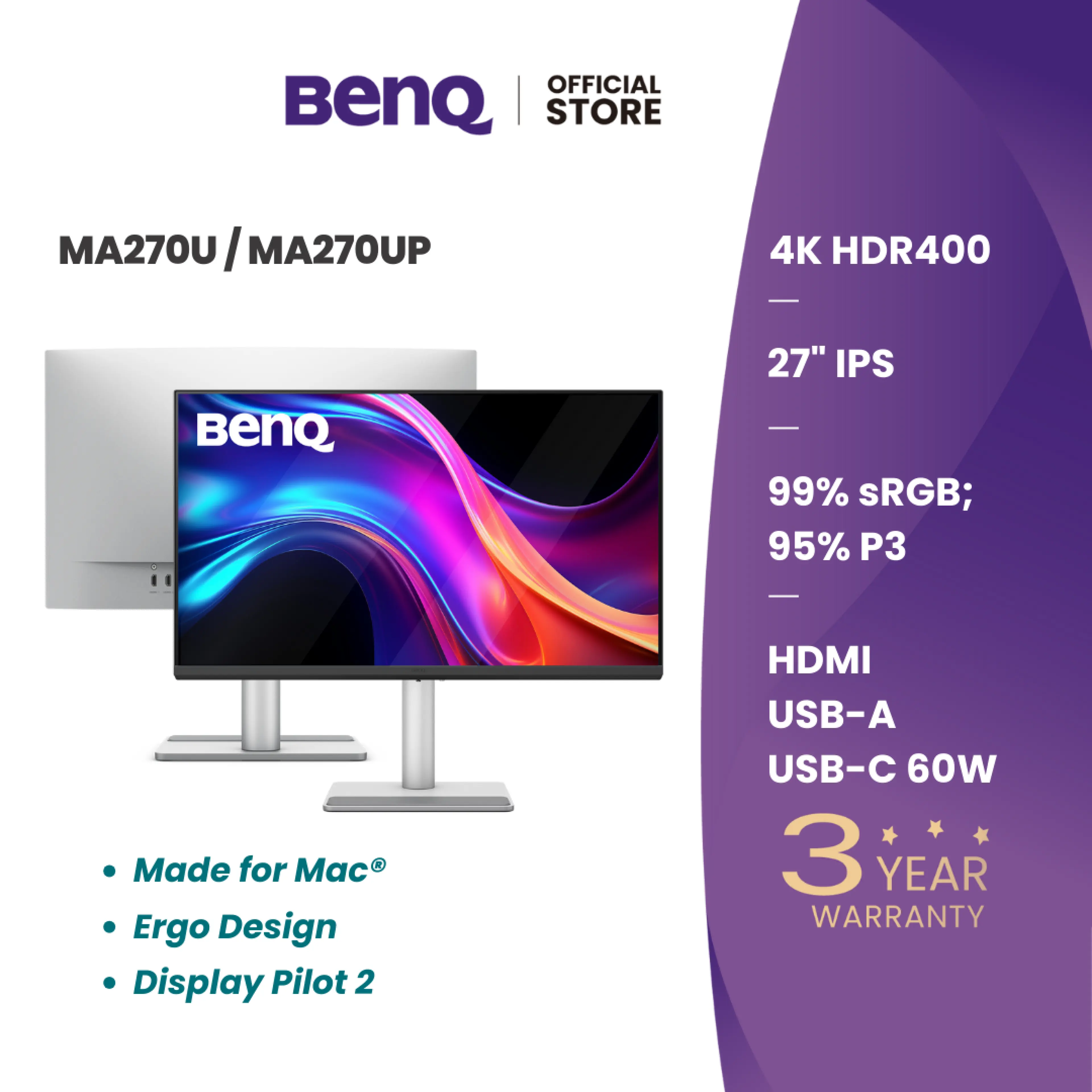 Benq Ma270U / Ma270Up 27-Inch 4K 95% Dci-P3 Monitor for MacBook (Monitor for Mac)