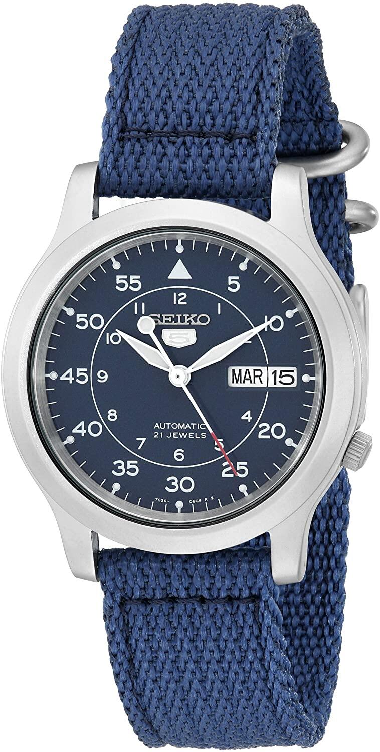 Đồng hồ Seiko cổ sẵn sàng (SEIKO SNK807 Watch) Seiko SNK807 Seiko 5  Automatic Stainless Steel Watch with Blue Canvas Band [Hộp & Sách hướng dẫn  của Nhà sản xuất + Người