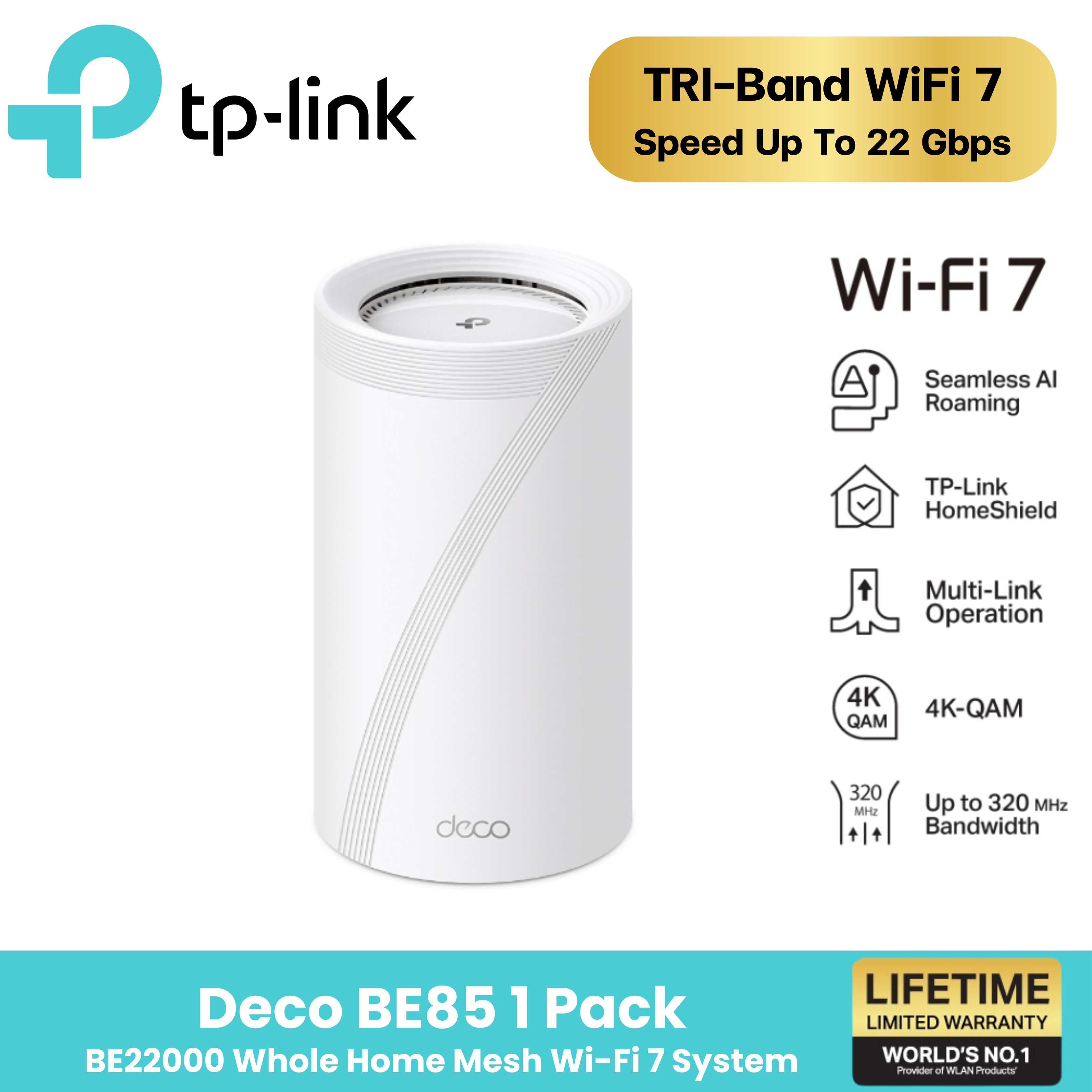 TP-Link Deco BE85 | BE22000 Whole Home Mesh Wi-Fi 7 System (1-Pack) ราคา 19,990 บาท*ส่งฟรี