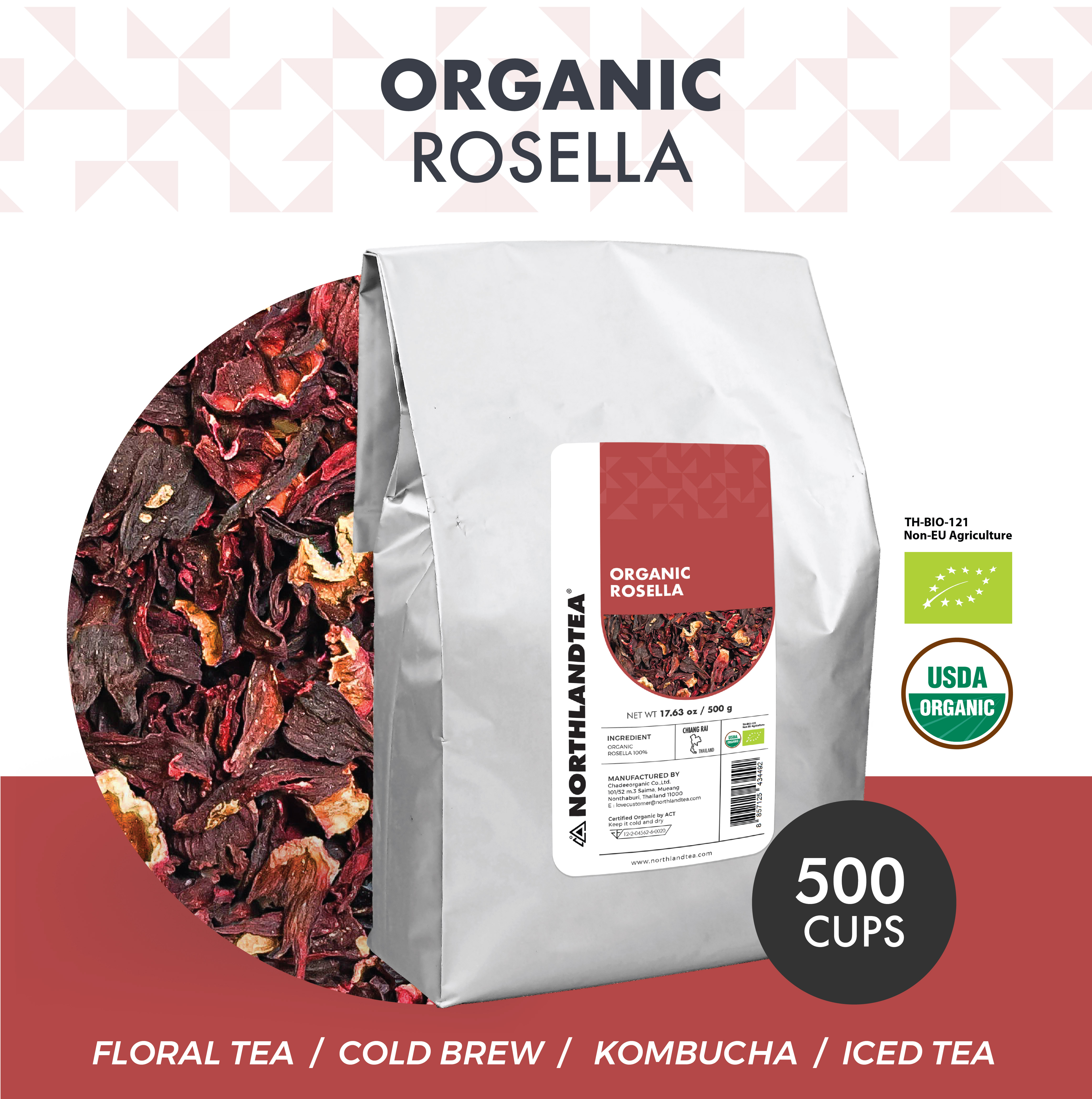 Organic Rosella 500g - Certified USDA & EU Organic - Whole Flowers – Caffeine Free - Directly From Thailand Local farmer - HOT TEA / ICED TEA / COLD BREW / KOMBUCHA and etc. - Northlandtea ราคา 1,000 บาท*ส่งฟรี