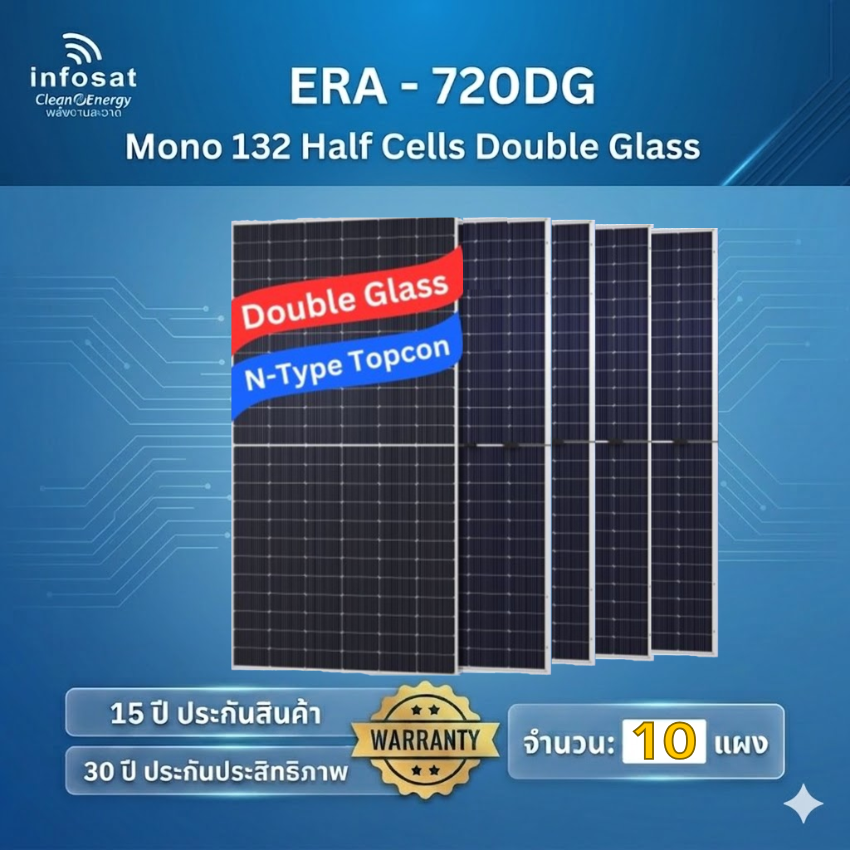 อุปกรณ์แต่งสวนและกลางแจ้ง infosat แผงโซล่าเซลล์ 720W รุ่น Era-720Dg N-Type Topcon กระจกสองชั้น (10 แผง) ราคา 57,000 บาท*ส่งฟรี