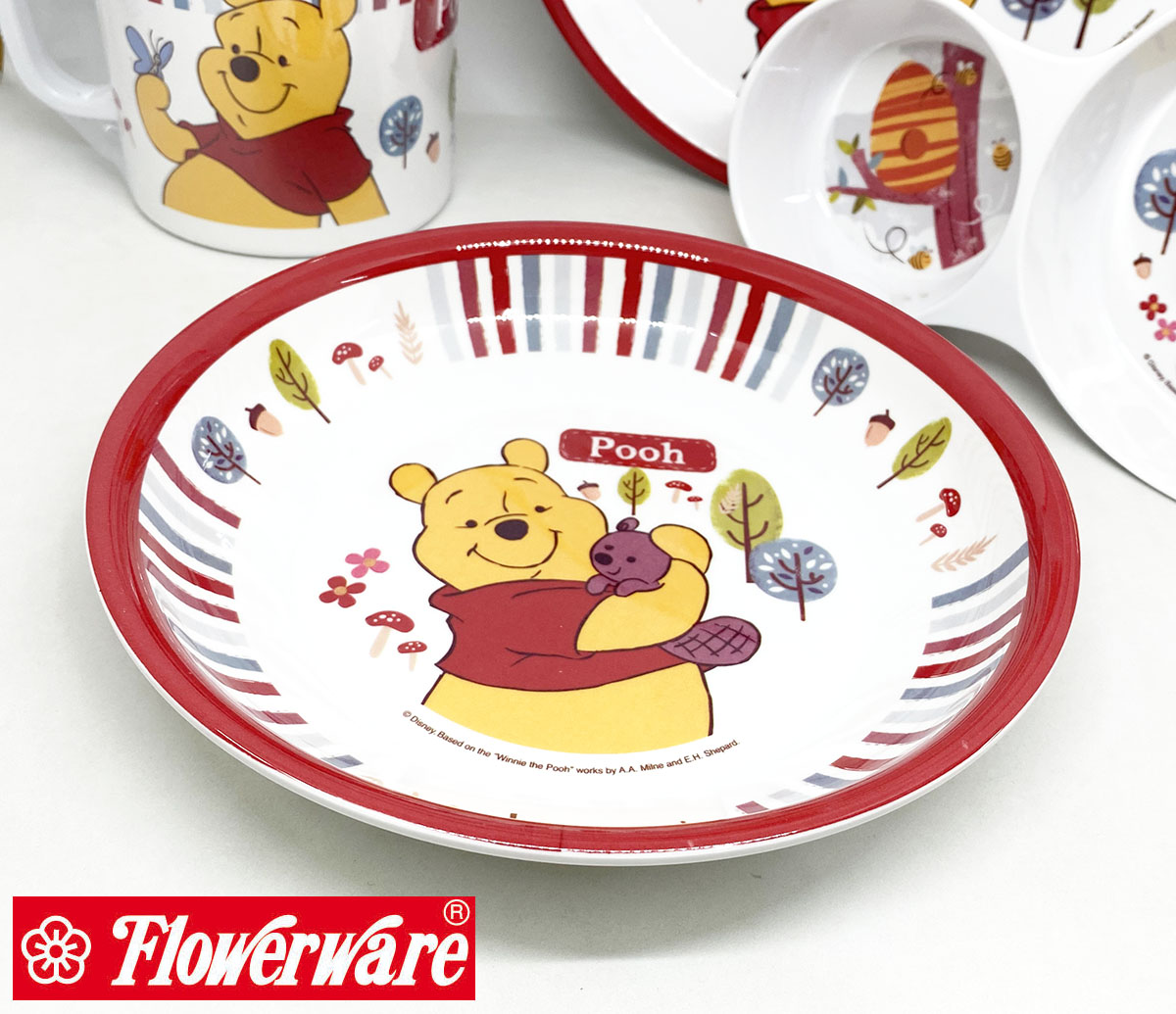 [ขายแยกชิ้น] จานข้าวเด็ก ช้อนส้อมเด็ก ถาดหลุม แก้วน้ำเมลามีน Disney POOH Woodlands หมีพูห์ ยี่ห้อฟลาวเวอร์แวร์ / 1 ชิ้น