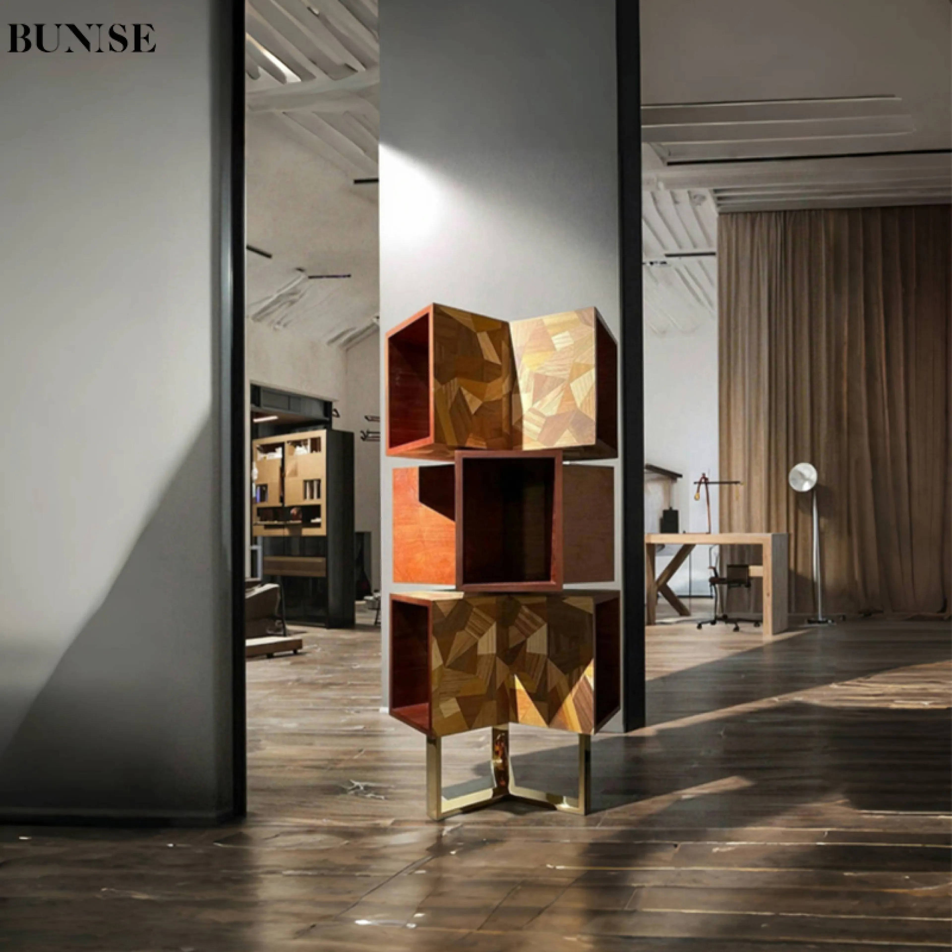 BUNISE A089 Designer Storage Shelf Solid Wood Rotating Italian Luxury Style with Open Compartments and Metal Structure