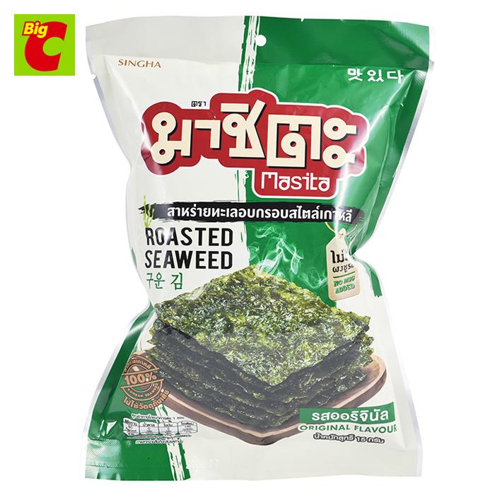 มาชิตะ สาหร่ายทะเลอบกรอบ สไตล์เกาหลี รสออริจินัล 15 กรัม ราคา 40 บาท*ส่งฟรี