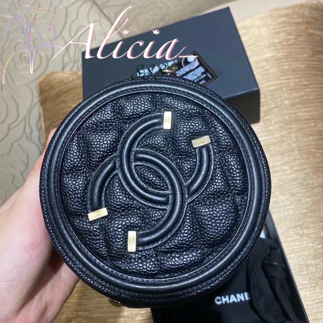 Chanel Black Caviar CC Filigree Round Chain Clutch Available For