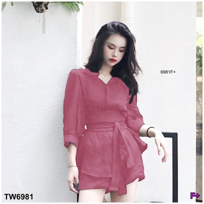 TW6981 Set 2 ชิ้น เสื้อเชิ้ตคอเต่า แขนตุ๊กตาพองๆ+กางเกงขาสั้น **สอบถามก่อนสั่งซื้อ**