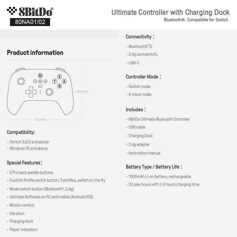 ข้อมูลเกี่ยวกับ 8Bitdo 80NA Ultimate Blth & 2.4g Controller with Charging Dock for Switch and Windows