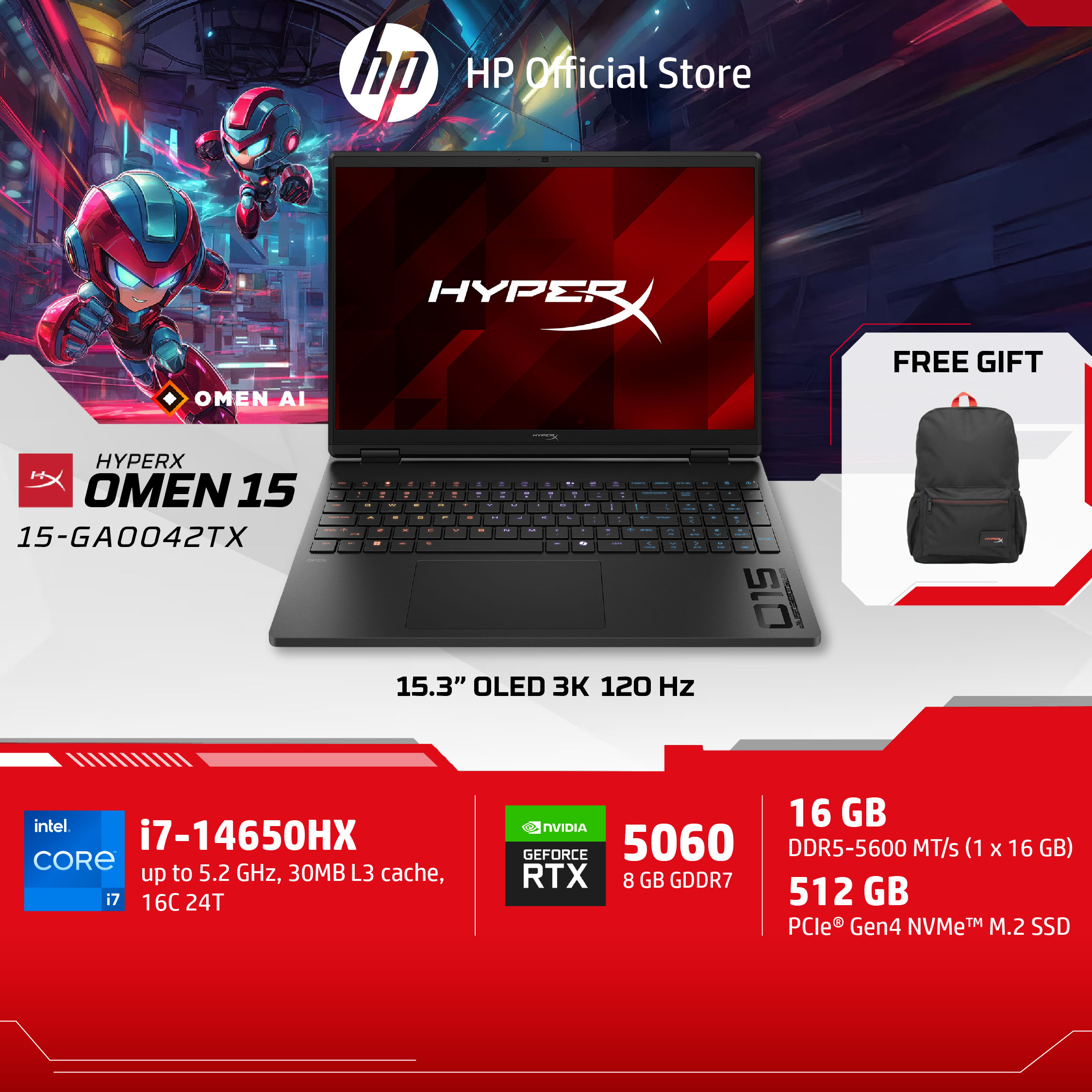 คอมพิวเตอร์และอุปกรณ์ HP Hyperx Omen I7-14650Hx Rtx 5060 16Gb/512Gb 15.3" 3K Oled 120Hz Win11 2 ปี 15-Ga0042Tx ราคา 66,990 บาท*ส่งฟรี
