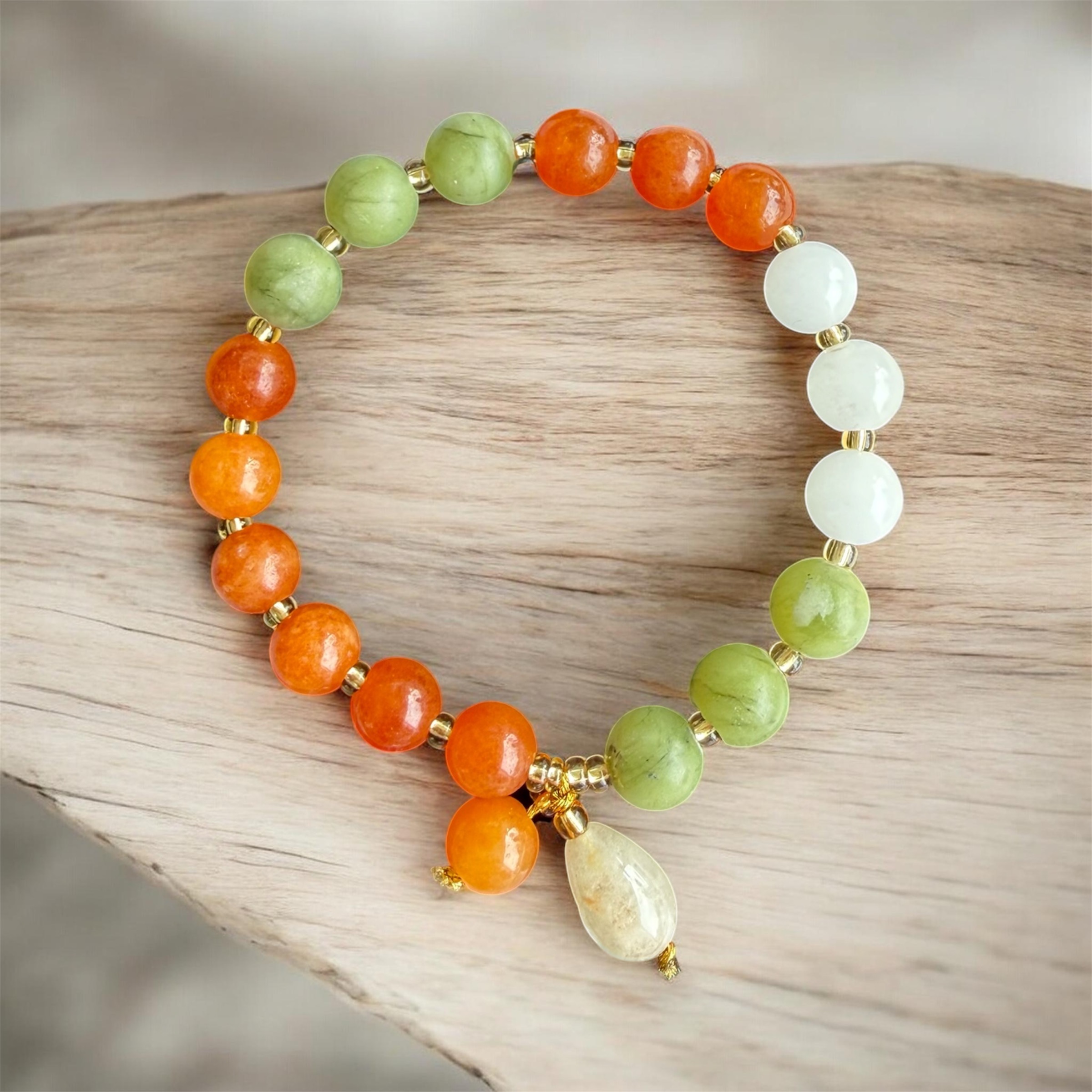 "Lucky Pastel" Auspicious Stone Bracelet, Including Bright-Colored Stones (Green Aventurine, Orange Jade, White Jade), Code N0004.