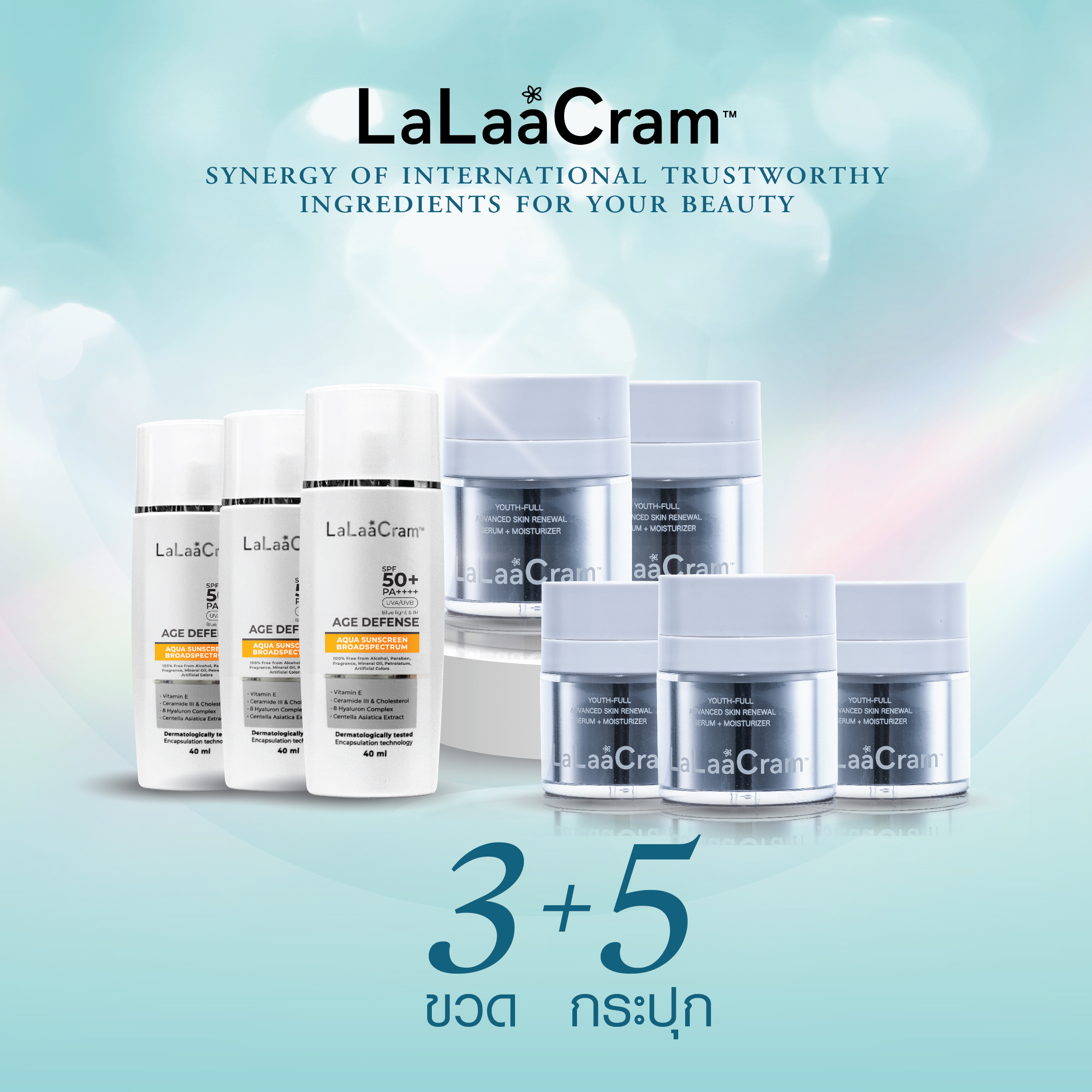 LaLaaCram SERUM + MOISTURIZER, 30ml x 5 bottles & Anti-Aging Sunscreen SPF50+ PA++++ 40ml x 3 bottles ราคา 8,970 บาท*ส่งฟรี