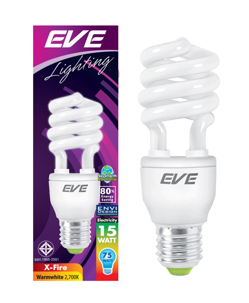 EVE หลอดประหยัดไฟ รุ่นเอ็กไฟล์ 15วัตต์ วอร์มไวท์ E27 แพ็ค 6 หลอด