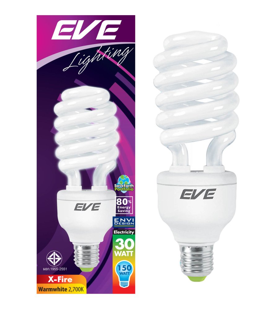 EVE หลอดประหยัดไฟ รุ่นเอ็กไฟล์ 30วัตต์ วอร์มไวท์ E27 แพ็ค 6 หลอด
