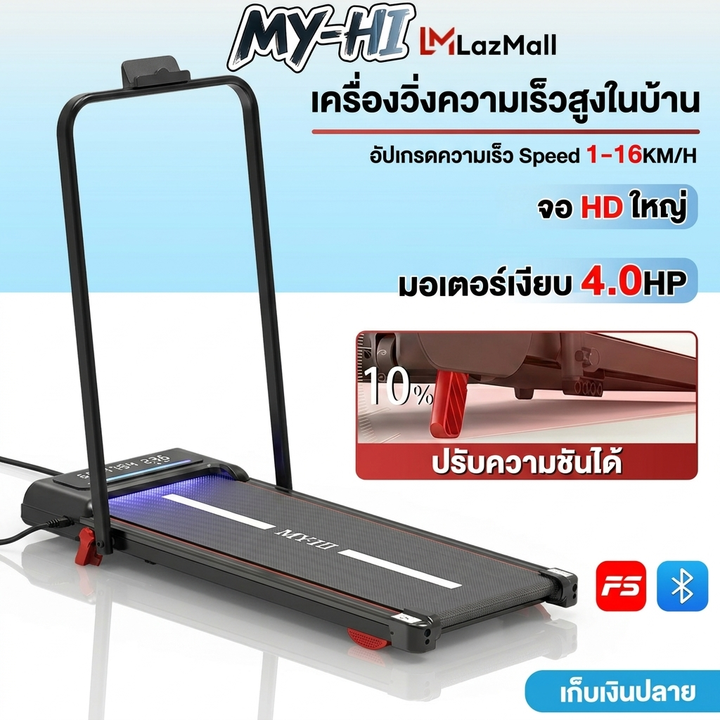 Electric Treadmill, 4.0 Hp, Foldable, Saves Space, Hd Led Display, Speed 1-16Km/H, Adjustable Walking Pad, Can Support Weight up to 300kg. ราคา 3,669 บาท*ส่งฟรี