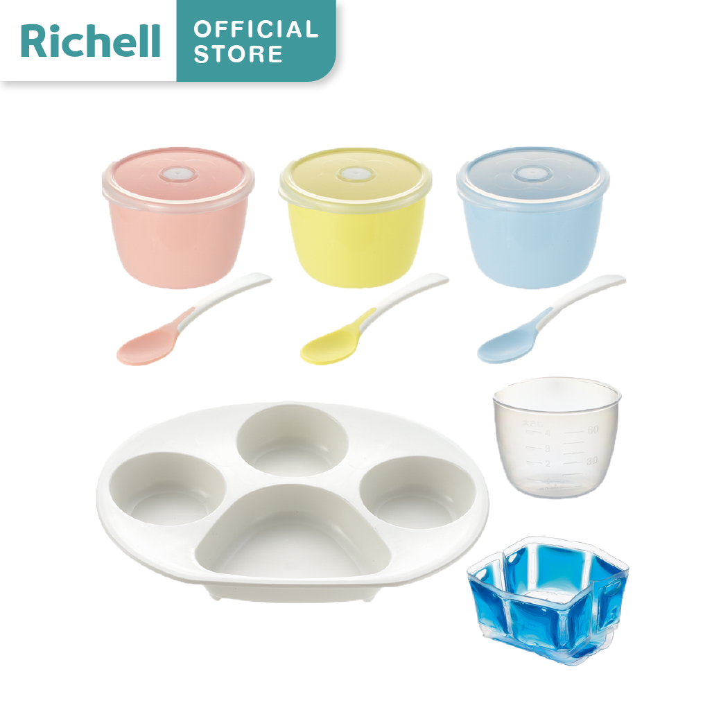 Richell(ริเชล) ชุดฝึกพัฒนาการทานข้าวมื้อแรกน้องวัย5เดือน+ จานหลุมป้อนอาหาร และถ้วย 3 สี พร้อมช้อนปลายนิ่ม ถือป้อนได้สะดวก ราคา 750 บาท*ส่งฟรี