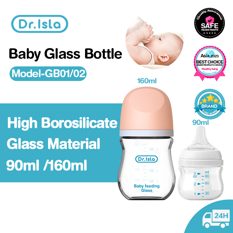 Dr.Isla GB01 ขวดนม ขวดแก้วสำหรับทารก ขวดนมเด็กแรกเกิด 90มล /160 มล ขวดแก้วเด็กคอกว้าง ป้องกันอาการโคลิค ขวดนมอเนกประสงค์ ขวดน้ำสำหรับเด็ก ปลอด-BPA ทนอุณหภูมิสูง 0- 6เดือน 3oz/5oz Baby Glass Bottle แก้วน้ำสำหรับเด็กรองรับการชำระเงินปลายทาง ราคา 159 บาท*ส่งฟรี