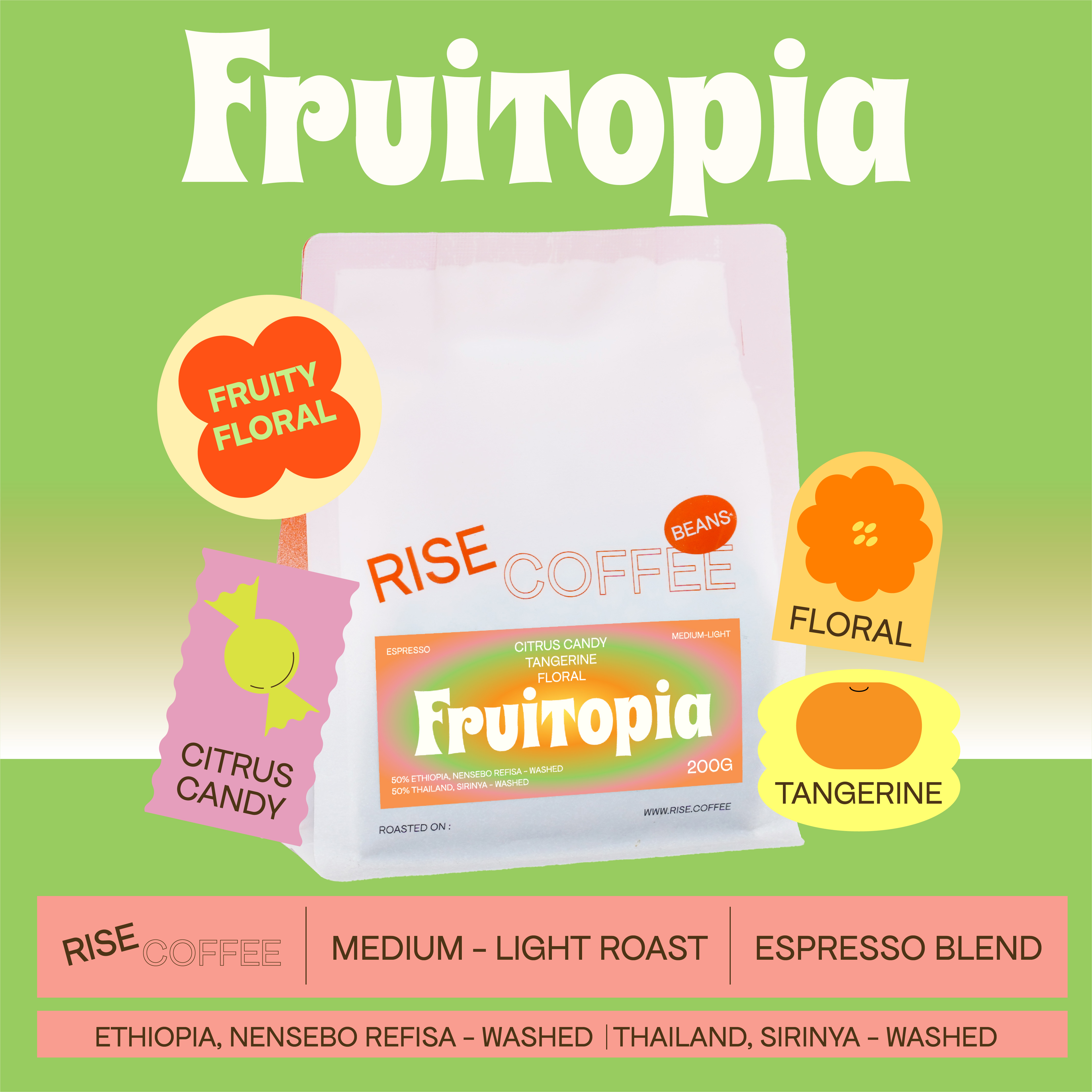 Rise Coffee Fruitopia Medium-Roasted Coffee Beans Give a Fruity Floral Flavor from the Ethiopian - Thai Blend. Easy to Drink. ราคา 760 บาท*ส่งฟรี