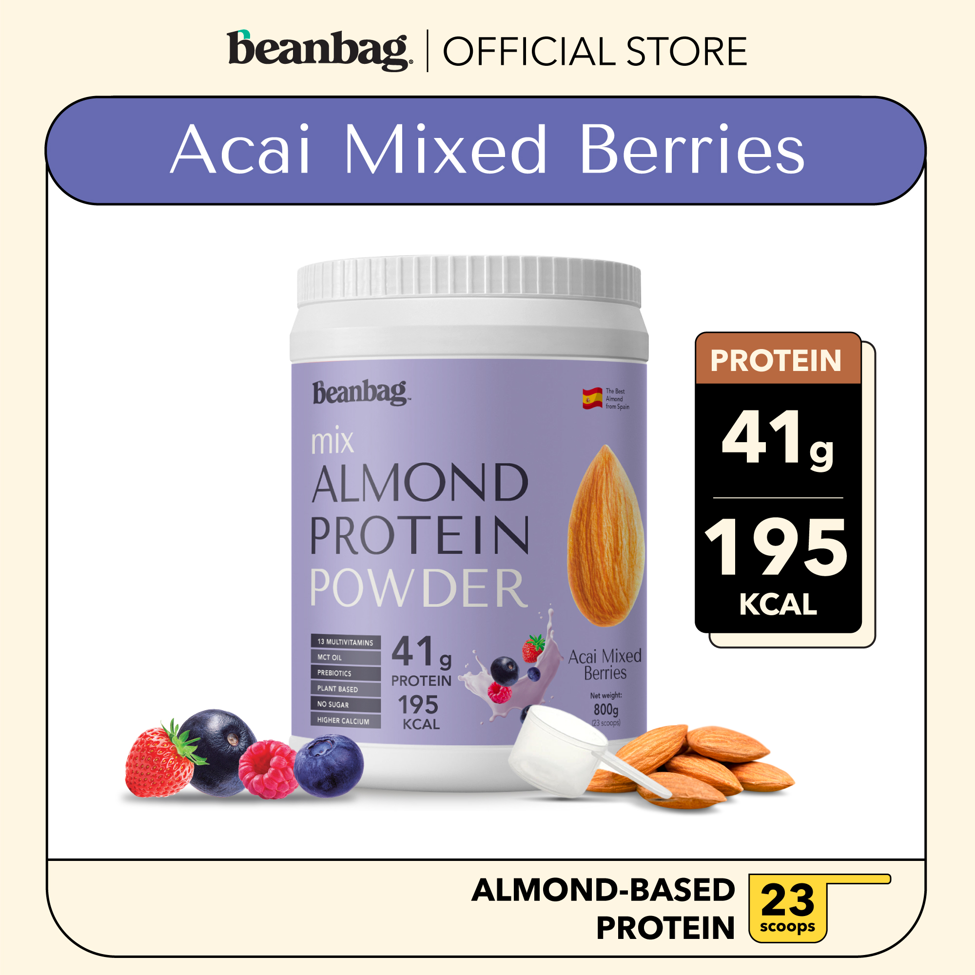 Beanbag Mix Almond Protein เครื่องดื่มโปรตีนอัลมอนด์และโปรตีนพืชรวม 5 ชนิด รส Acai Mixed berries รสอาซาอิมิกซ์เบอร์รี่ 800g ราคา 1,690 บาท*ส่งฟรี