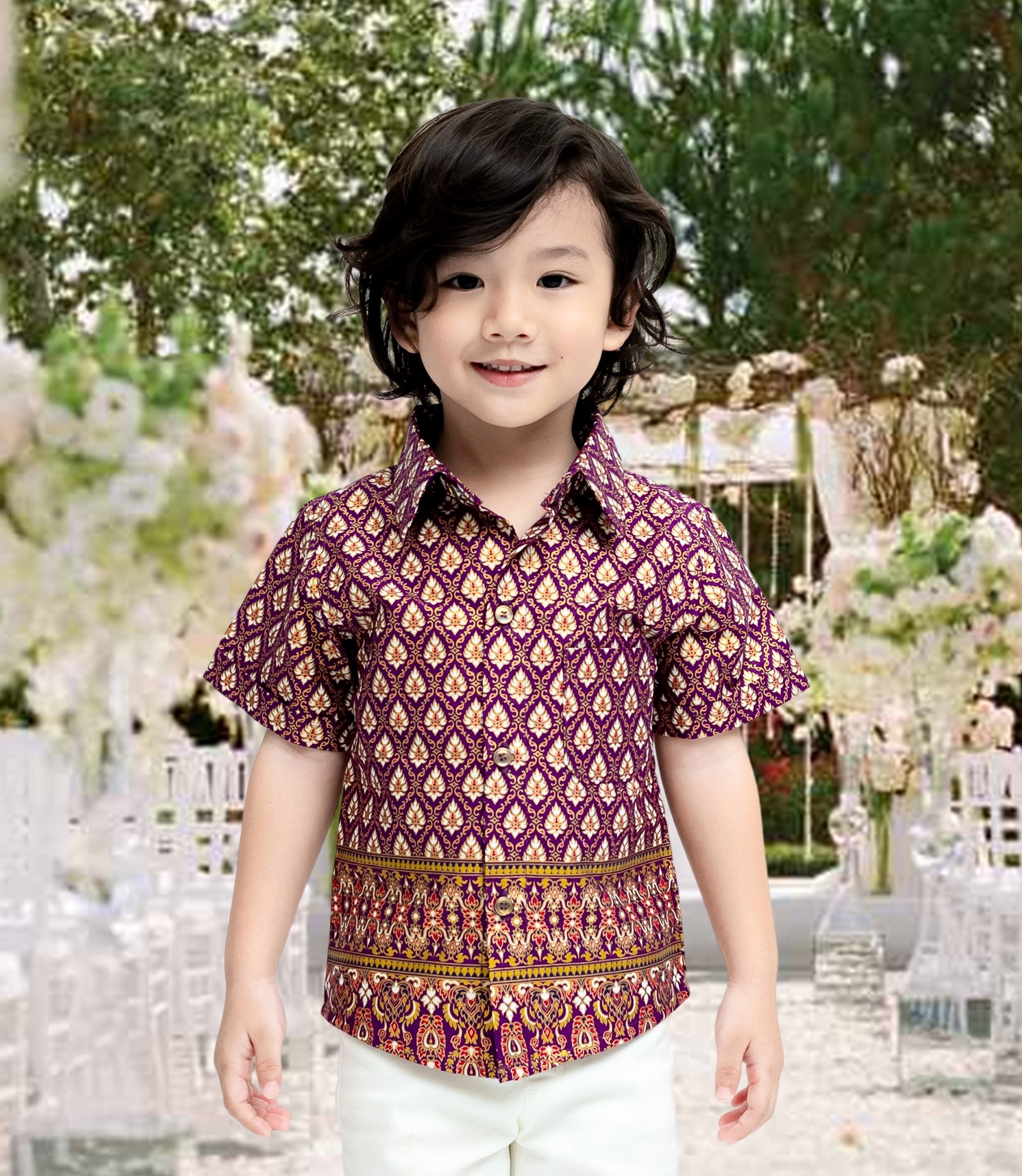 เสื้อเชิ้ต ผ้าไทย เสื้อไทย เสื้อไทยประยุกต์ ชุดไทยเด็ก ชุดไทยเด็กชาย เสื้อลายไทย เสื้อทำบุญ เด็กชาย ราคา 450 บาท*ส่งฟรี