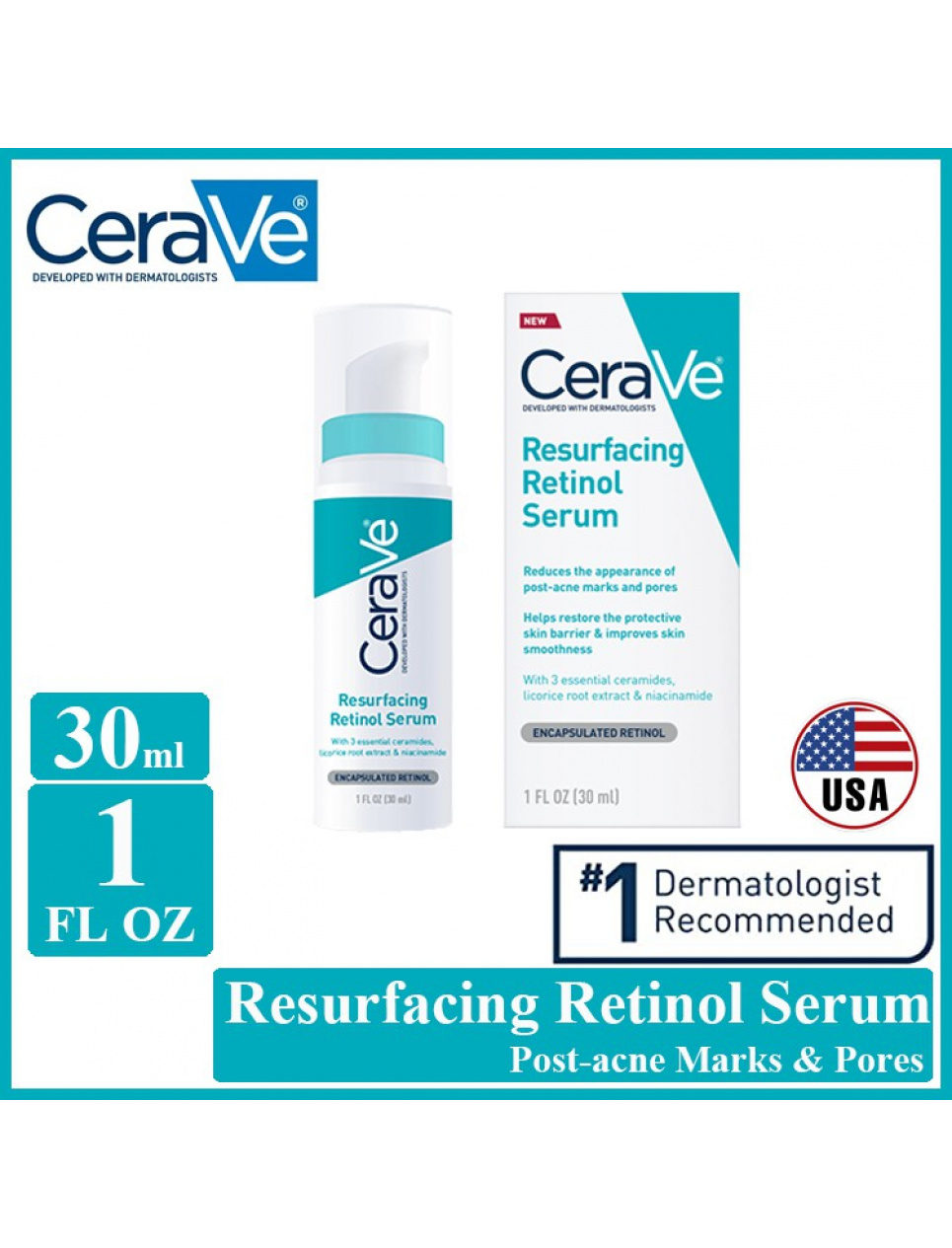 Cerave Resurfacing Retinol Serum 30ml Brightens Skin. Skincare Suitable for Skin Prone to Acne.