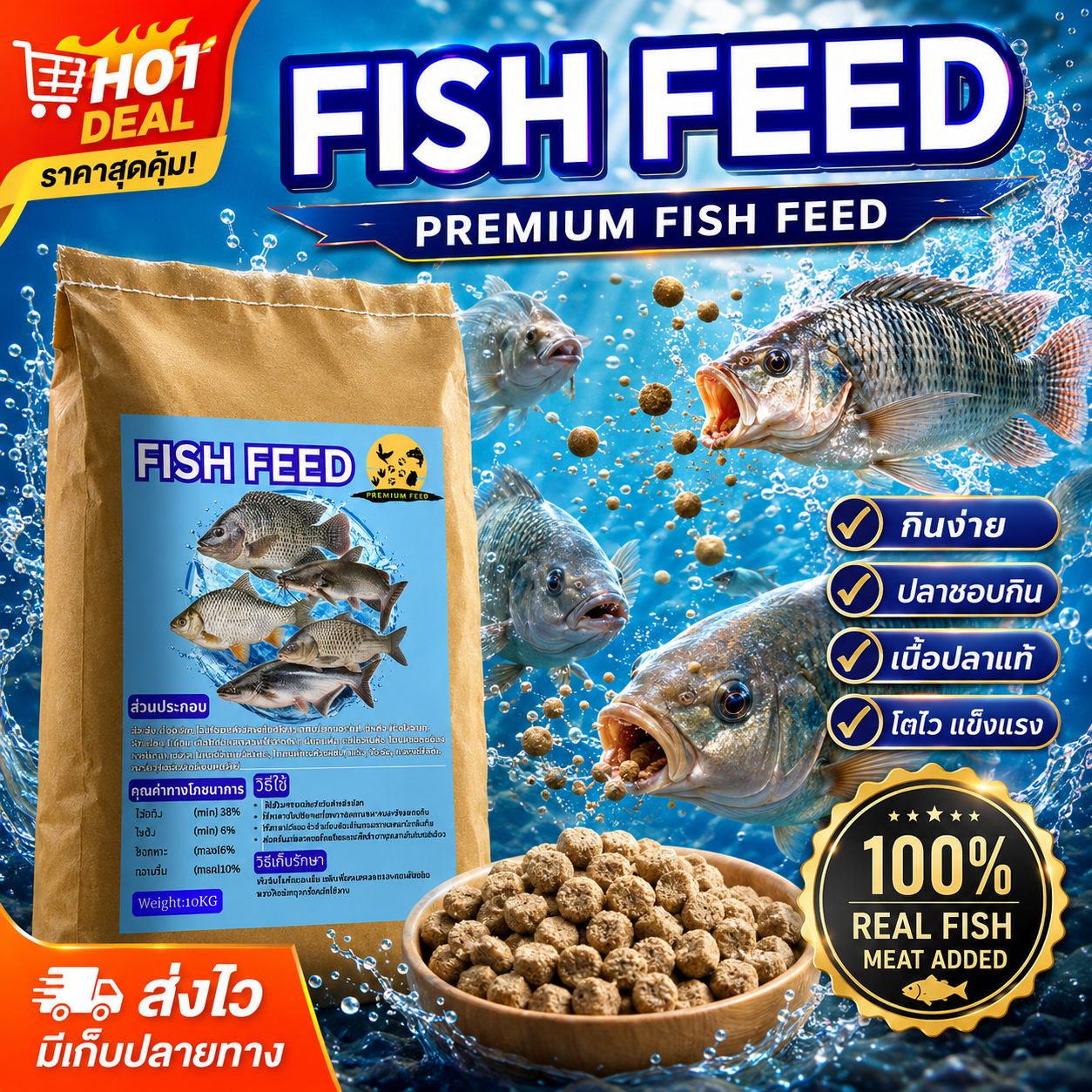 Economic Fish Food, Suitable for All Types of Fish, Size 20 Kg. ราคา 399 บาท*ส่งฟรี