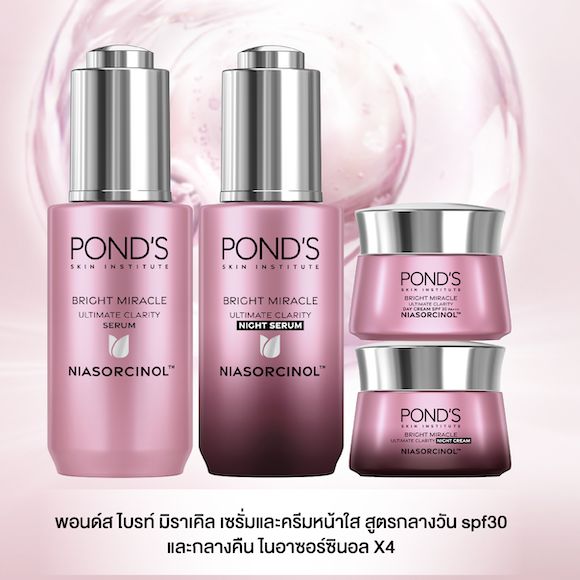 พอนด์ส ไบรท์ มิราเคิล เซรั่มและครีมหน้าใส สูตรกลางวัน spf30 และกลางคืน ไนอาซอร์ซินอล แพ็ค 4 ชิ้น ( ครีมบำรุงหน้า , มอยเจอร์ไรเซอร์ ) ราคา 1,358 บาท*ส่งฟรี