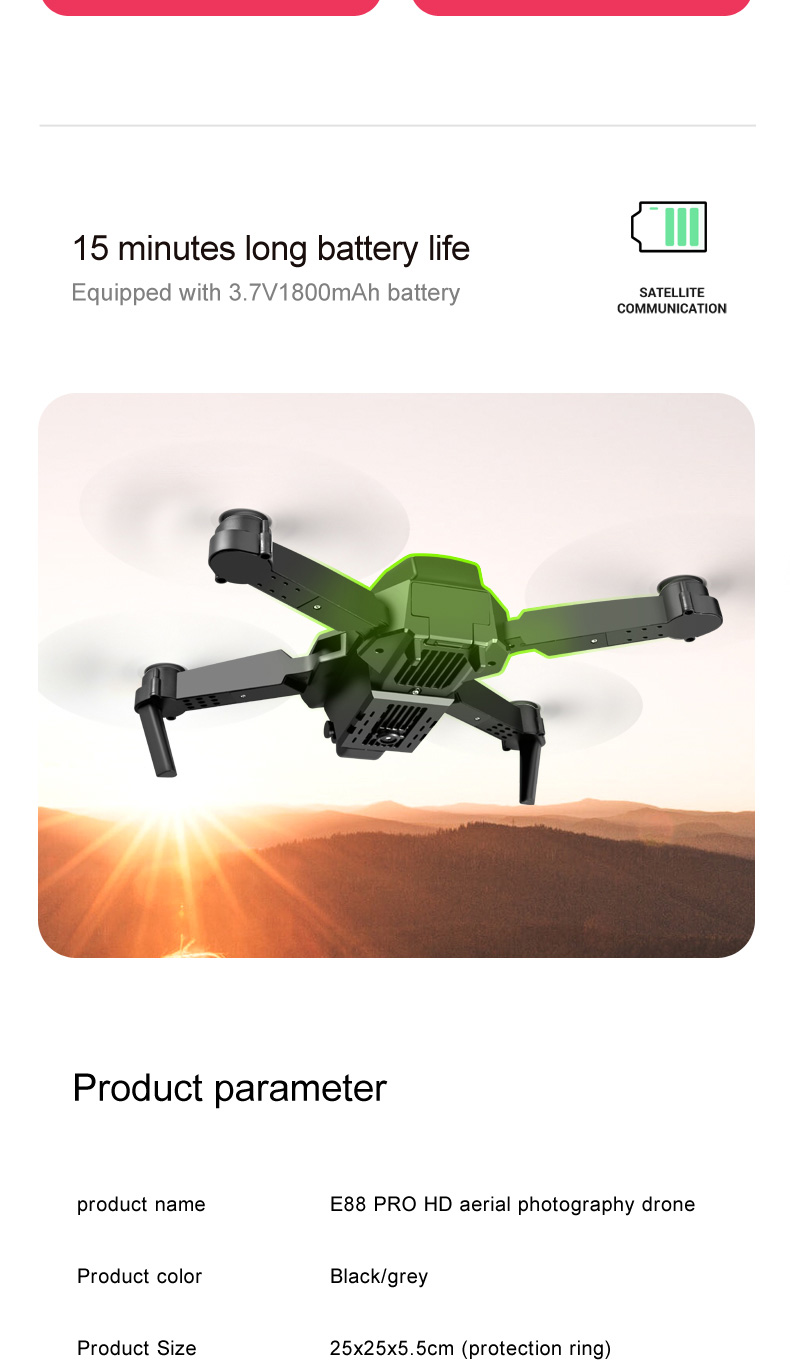 ข้อมูลเพิ่มเติมของ E88โดรนพร้อมกล้อง โดรน Rc Drone 4k HD Wide Angle Dual Camera WiFi fpv Drone Dual Camera Qpter Real-time transmission Helicopter Toys