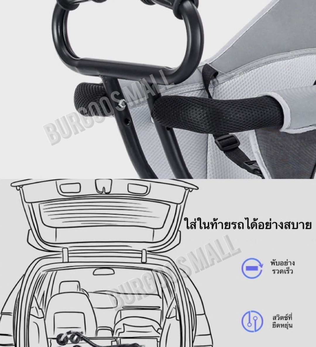 มุมมองเพิ่มเติมของสินค้า รถเข็นเด็ก 4 ล้อ เข็นหน้า -หลังได้ พับเก็บได้ แถมเบาะนิ่ม (ไม่มีสายยึดไหล่นะคะ)