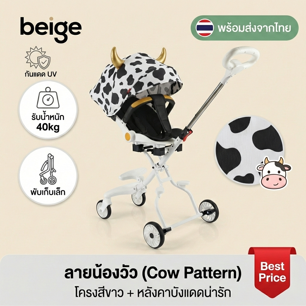 Beige รถเข็นเด็ก รถเข็นเด็กพับได้ 0-2 ปี แรกเกิดปรับนอนได้ เบา ของใช้เด็กแรกเกิด รถเข็น พกพา