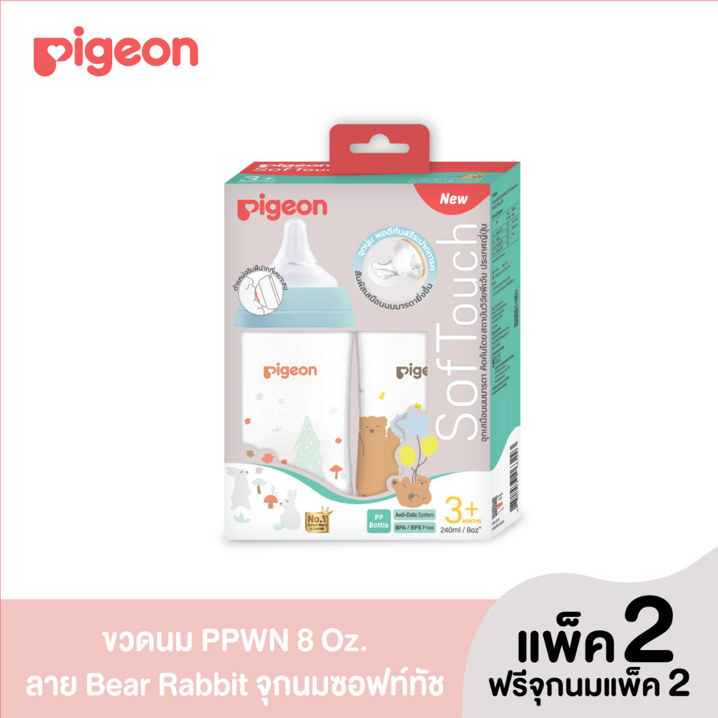 (สินค้าสมนาคุณงดจำหน่าย) Pigeon พีเจ้น ขวดนมPPWN Bear & Rabbit ขนาด 8 ออนซ์จุก SofTouch M แพค 2 - สำหรับแคมเปญ brand membership เท่านั้น ราคา 99,999 บาท*ส่งฟรี