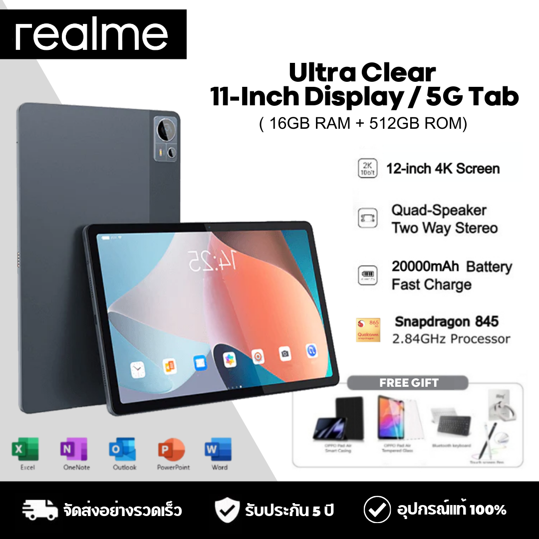 [Sim + Wifi] Realme Pad Tablet 11 Inch Android 12.0 16Gb Ram + 512Gb Rom Smartphone Tablet ราคา 3,533 บาท*ส่งฟรี