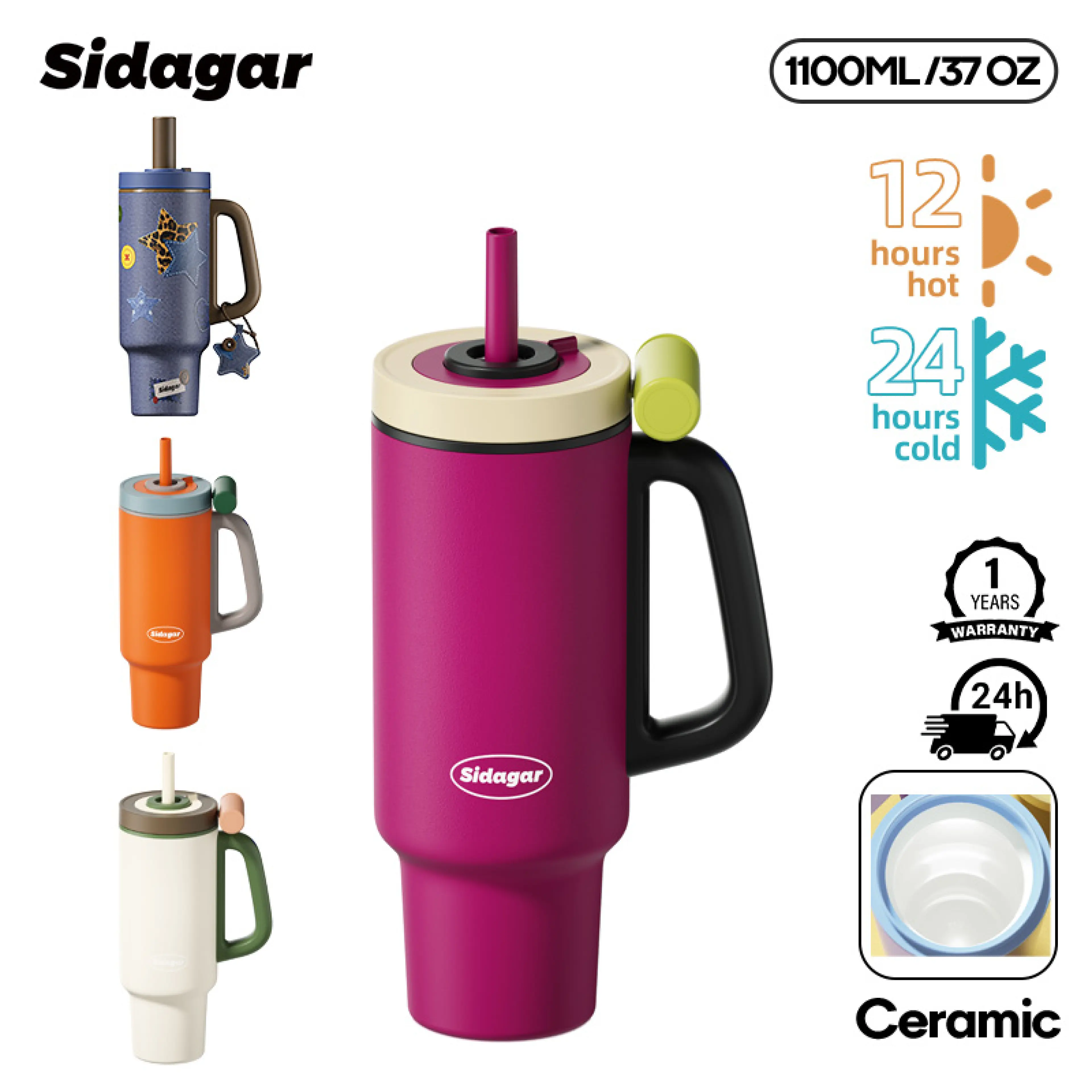Sidagar 1100ml Large Capacity Water Glass, 316 Stainless Steel, Ceramic Coating, Temperature-Keeping Glass, Outdoor Sports Water Cup, Sports Water Cup