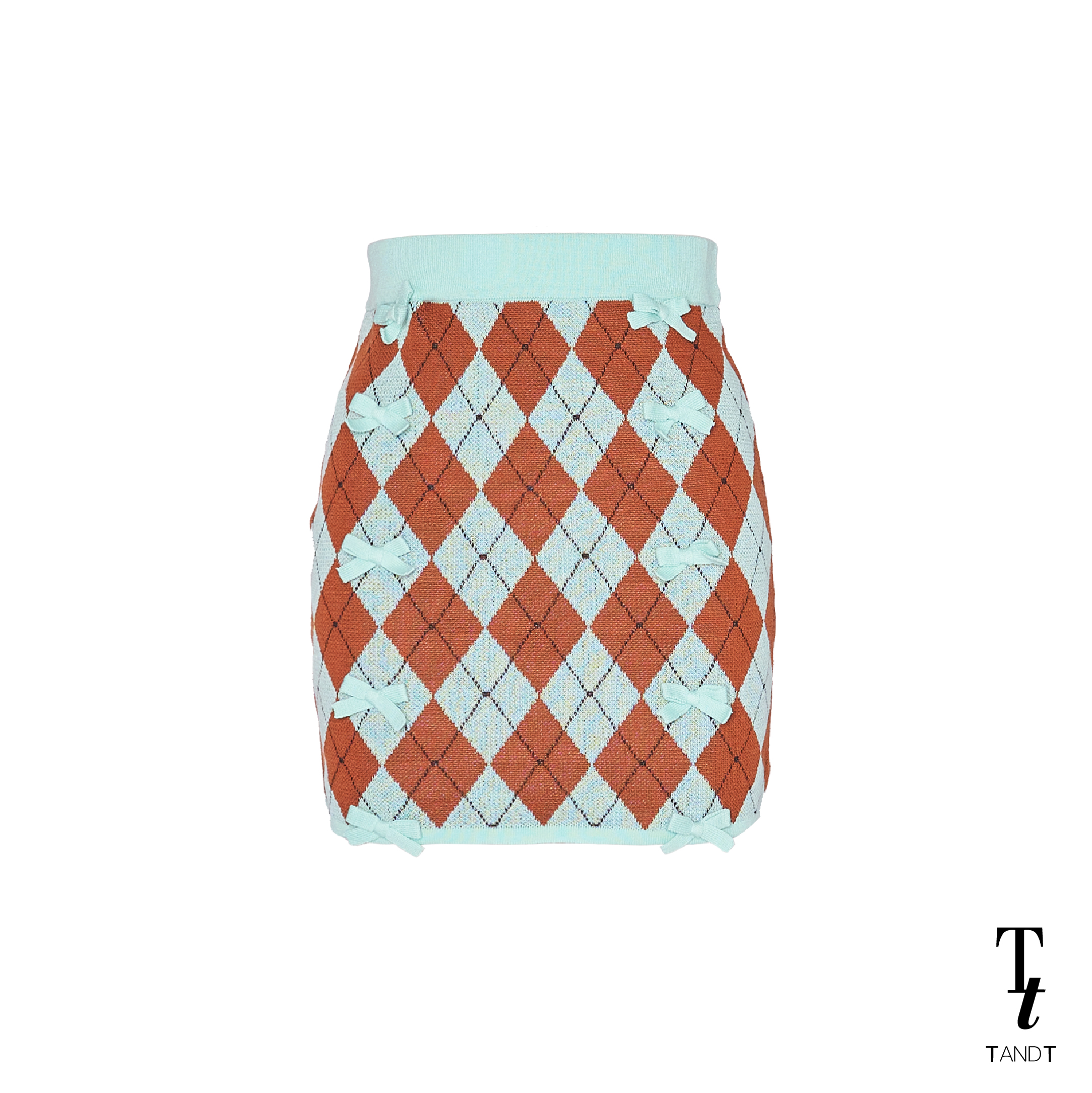TandT - "BENSEN" Mint & Brown Checked Bodycon Knitted Mini Skirt กระโปรงทอนิตติ้งสั้นเข้ารูป ทอลายข้าวหลามตัด ตกแต่งโครเชต์รูปโบว์ ทอลาย 2 สี ราคา 690 บาท*ส่งฟรี