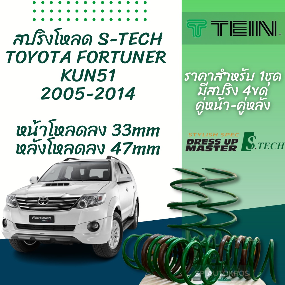 TEIN สปริงโหลด FORTUNER 2005-2014 KUN51 รุ่น S-Tech ราคาสำหรับ 1 กล่องบรรจุ สปริง 4 ขด (คู่หน้าและคู่หลัง) ราคา 8,600 บาท*ส่งฟรี