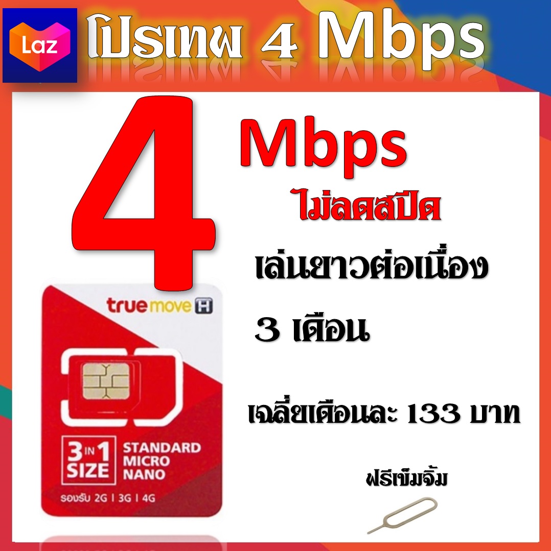 โปรเทพ 4 Mbps ไม่ลดสปีด เล่นไม่อั้น แถมฟรีเข็มจิ้มซิม 3 เดือน