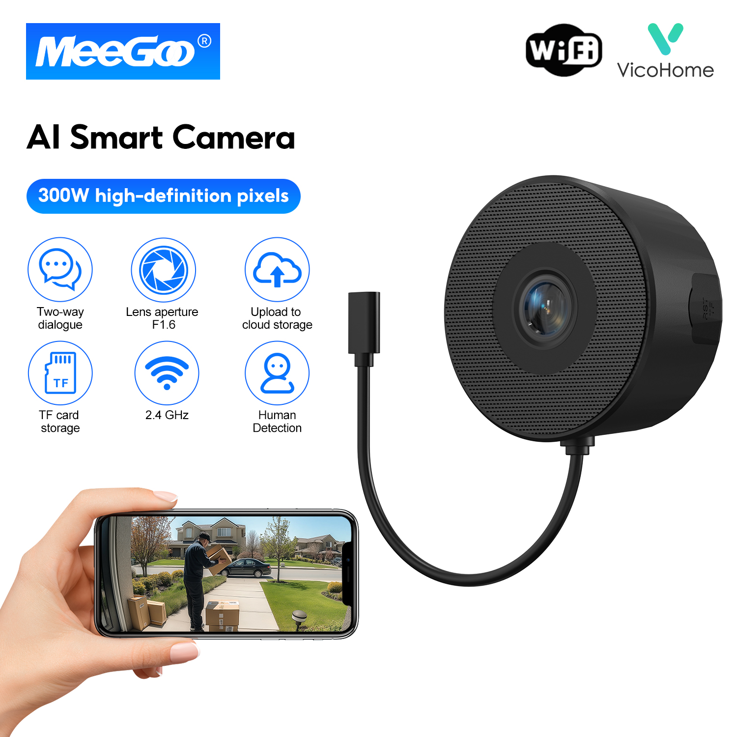 Meegoo Wifi Camera, Small Wall-Mounted Camera, 300W Pixels, App Vicohome, Wide Viewing Angle, Clear Image, 2-Way Audio, Motion Detection. Wide Angle 135.6 ° Detects Humans and Animals. Records Images Without Using the Internet. ราคา 599 บาท*ส่งฟรี