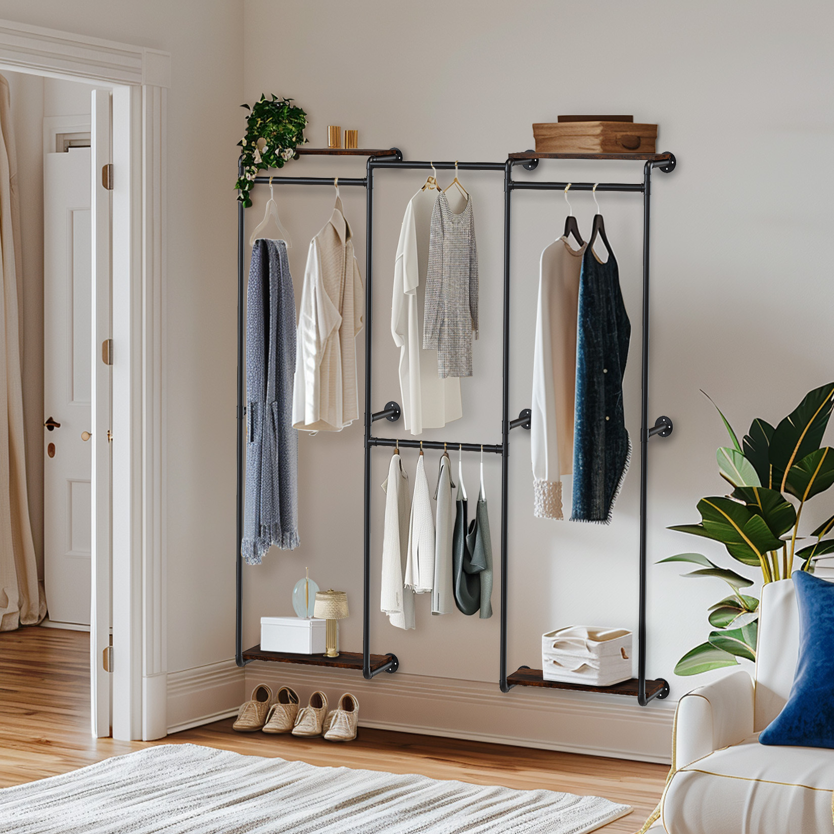 ราวแขวนผ้าติดผนัง ราวแขวนผ้าท่อเหล็ก ราวเหล็กแขวนผ้า 185x30x200cm Industrial Pipe Clothes Rack Wall-Mounted Clothing Rack with Shelves Corner Clothes Stand Walk-in Wardrobe for Hanging Clothes ราคา 2,256 บาท*ส่งฟรี